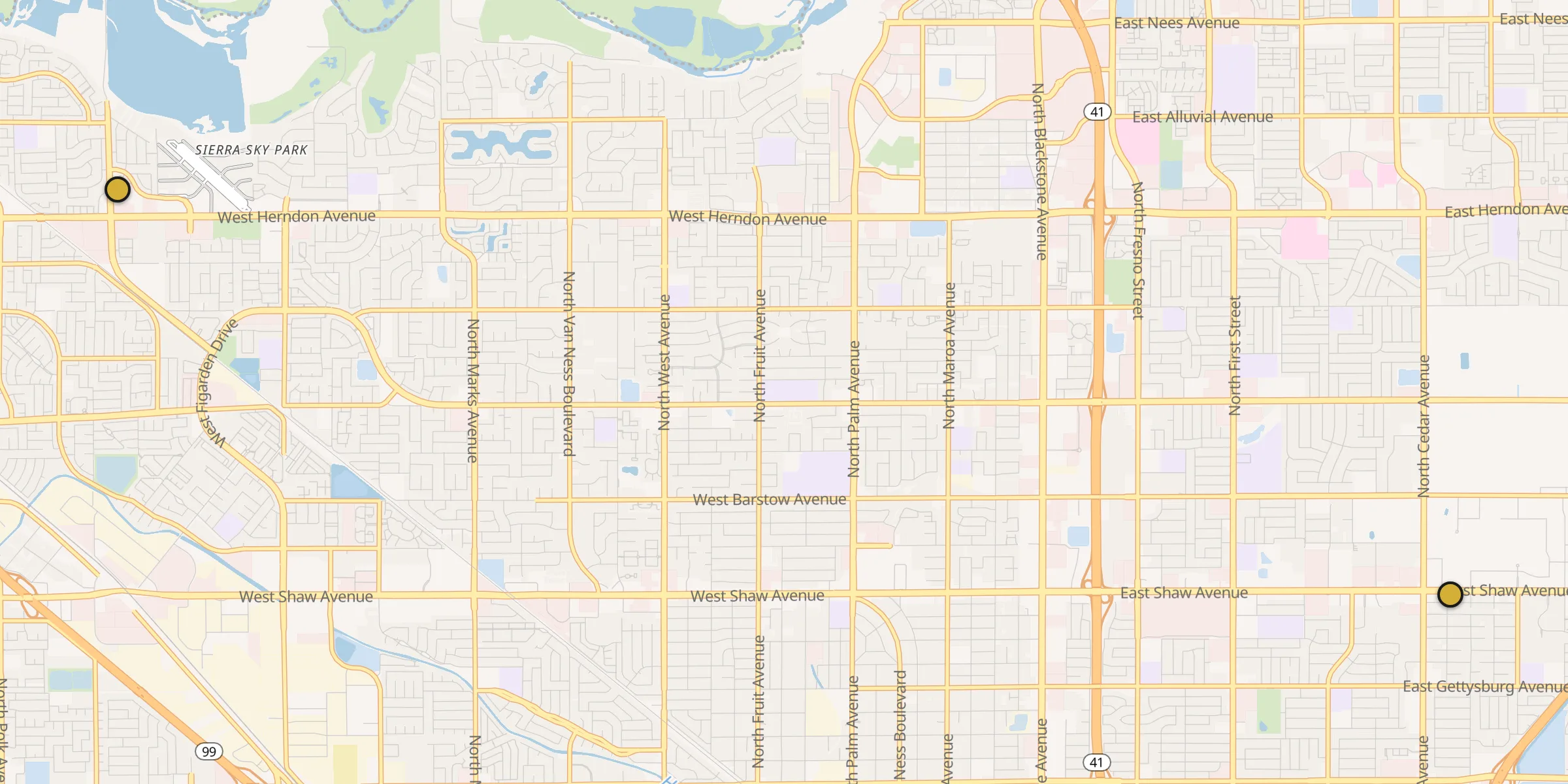 Plan des mosquées à Fresno : cliquez sur un point pour voir la fiche