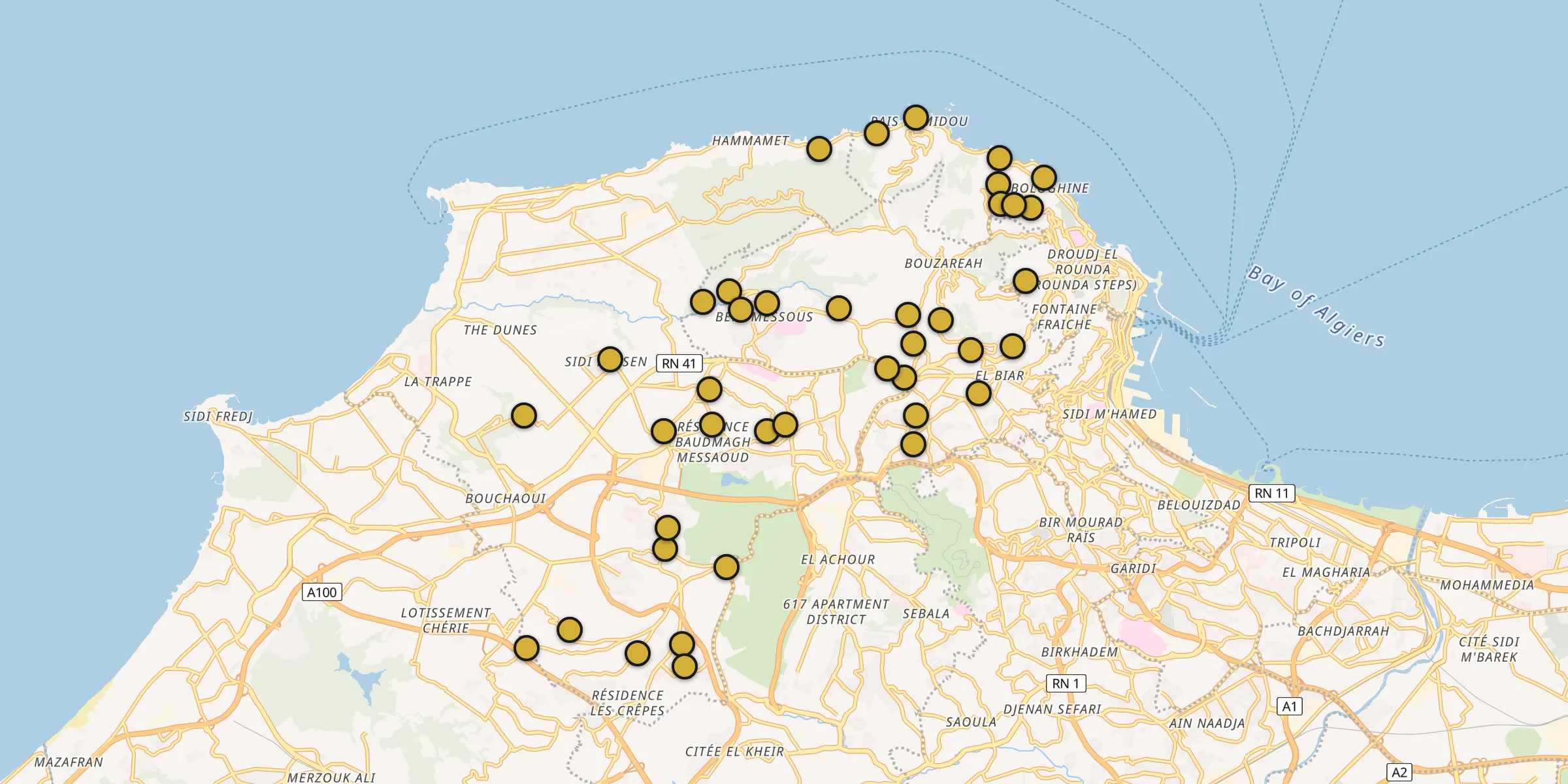 Plan des mosquées à Cheraga : cliquez sur un point pour voir la fiche