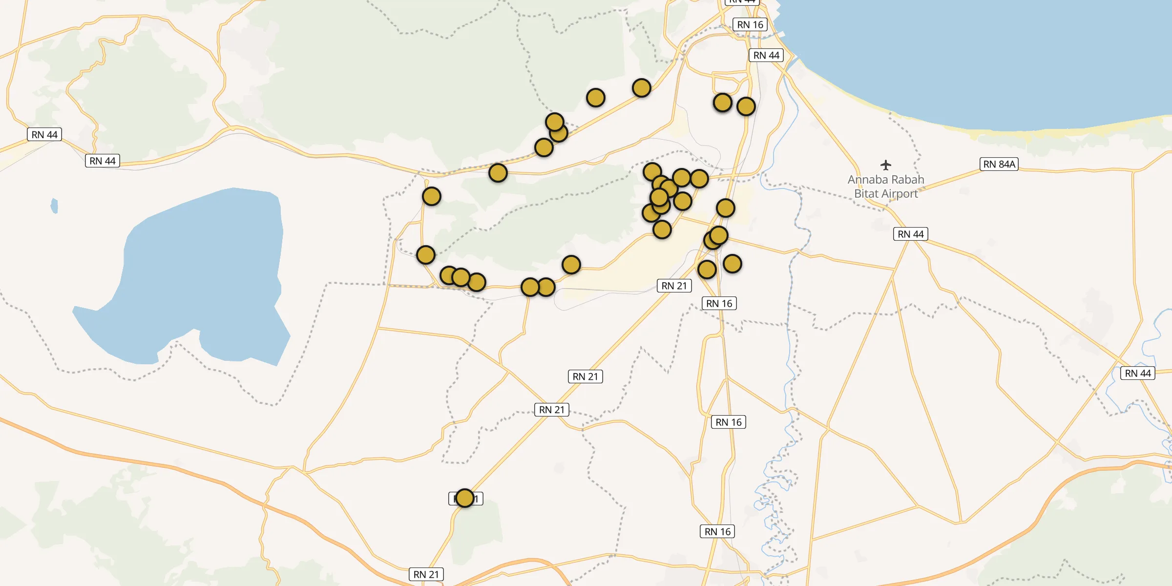 Plan des mosquées à El Hadjar : cliquez sur un point pour voir la fiche