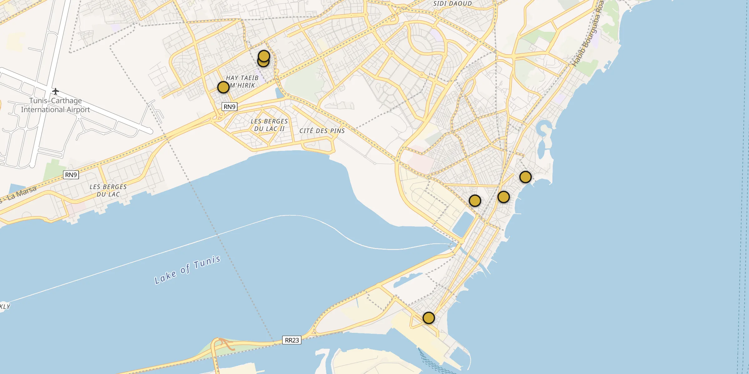 Plan des mosquées à La Goulette : cliquez sur un point pour voir la fiche