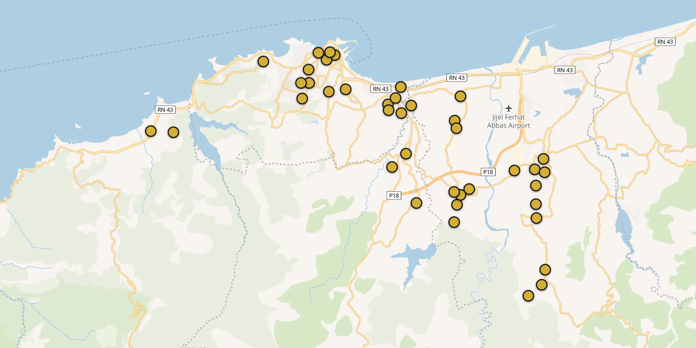 Plan des mosquées à Jijel : cliquez sur un point pour voir la fiche