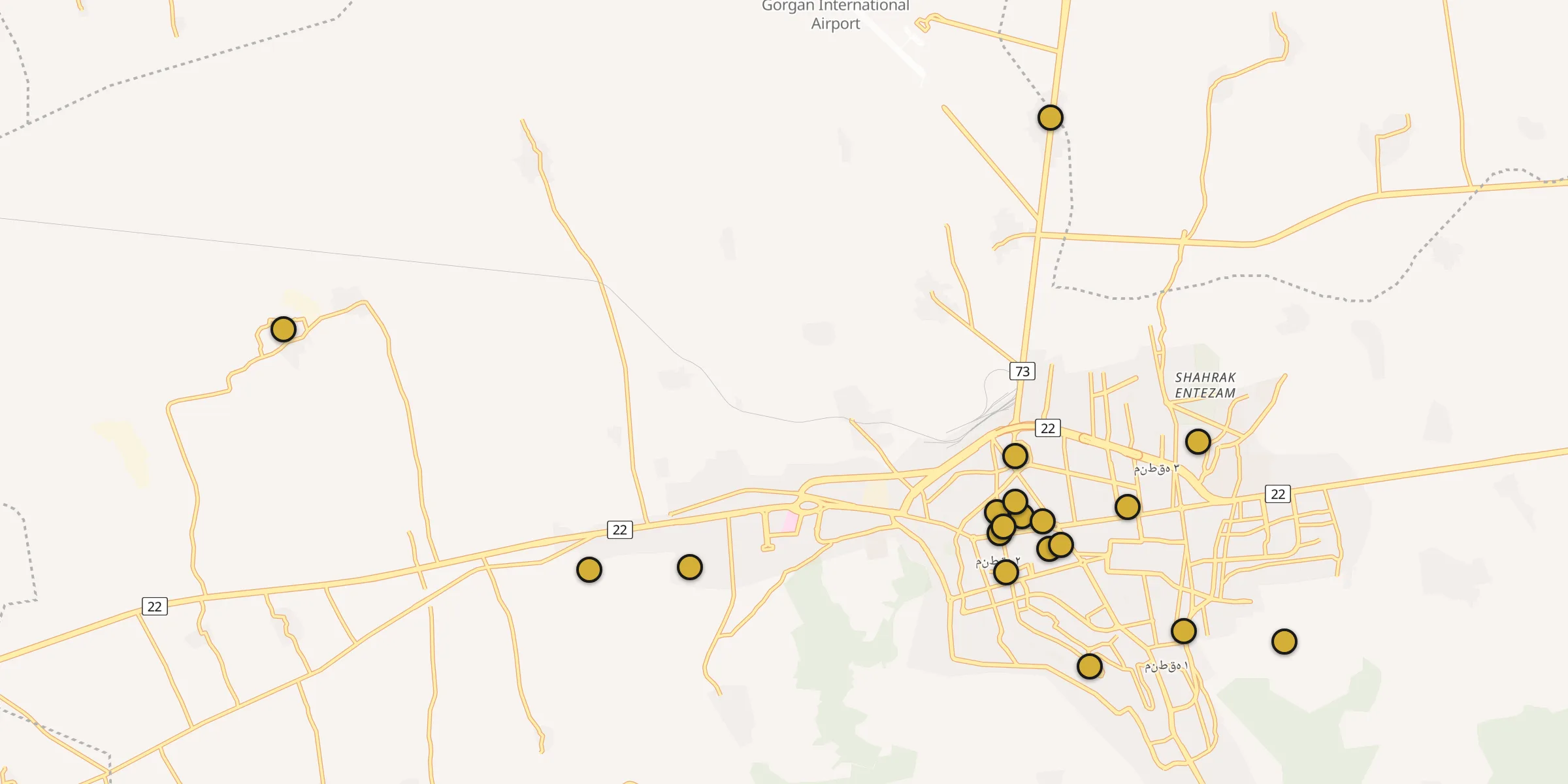 Plan des mosquées à Gorgan : cliquez sur un point pour voir la fiche