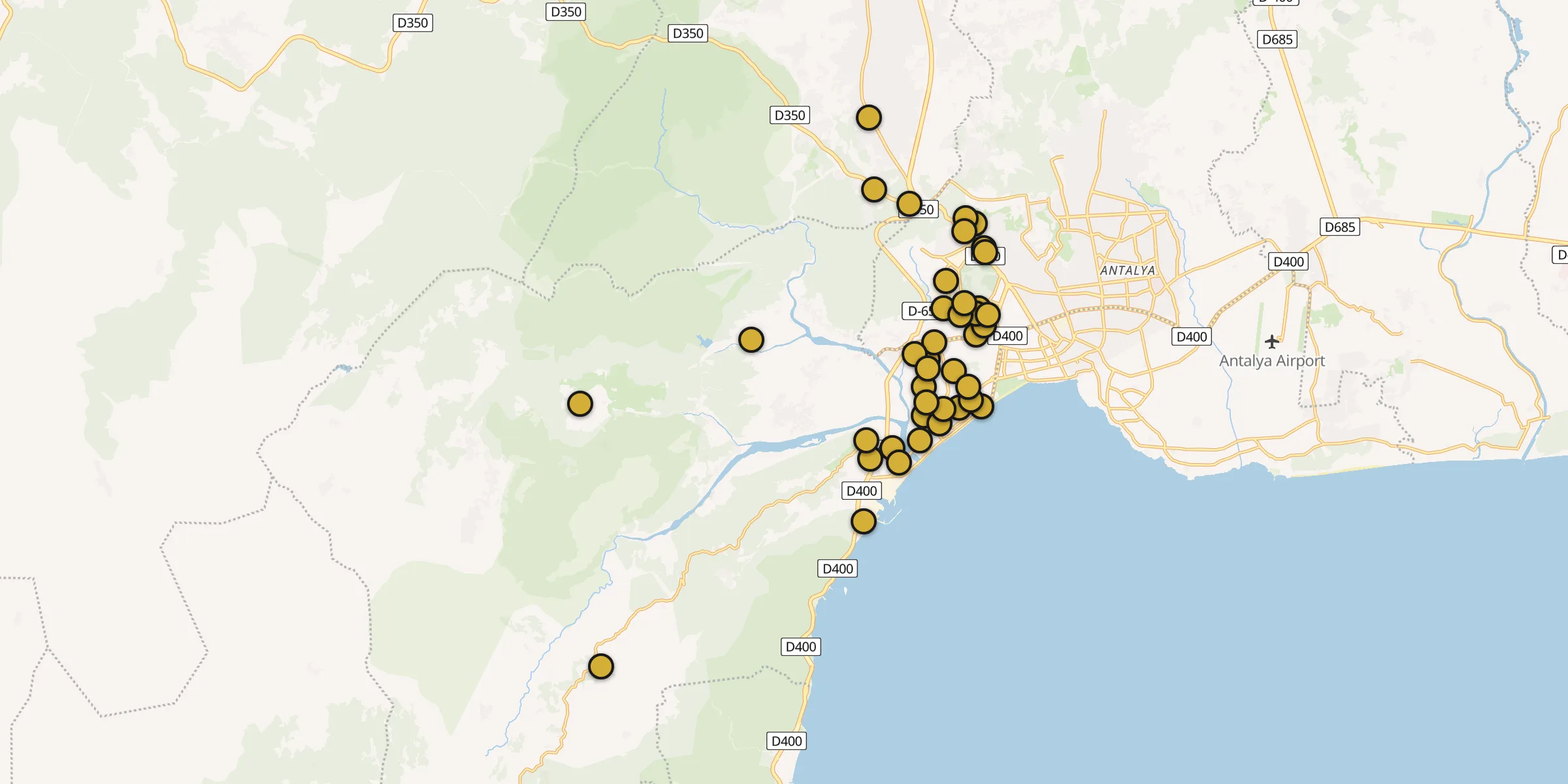 Plan des mosquées à Antalya : cliquez sur un point pour voir la fiche