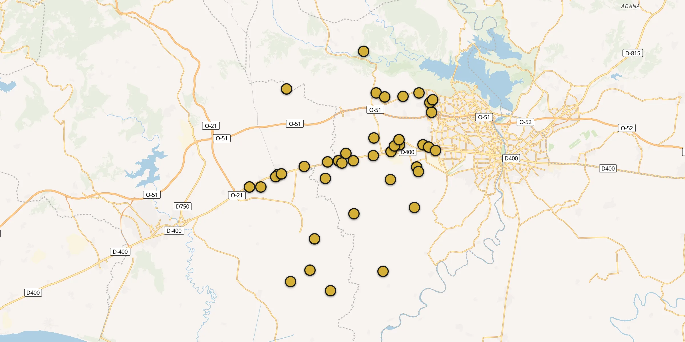 Plan des mosquées à Adana : cliquez sur un point pour voir la fiche