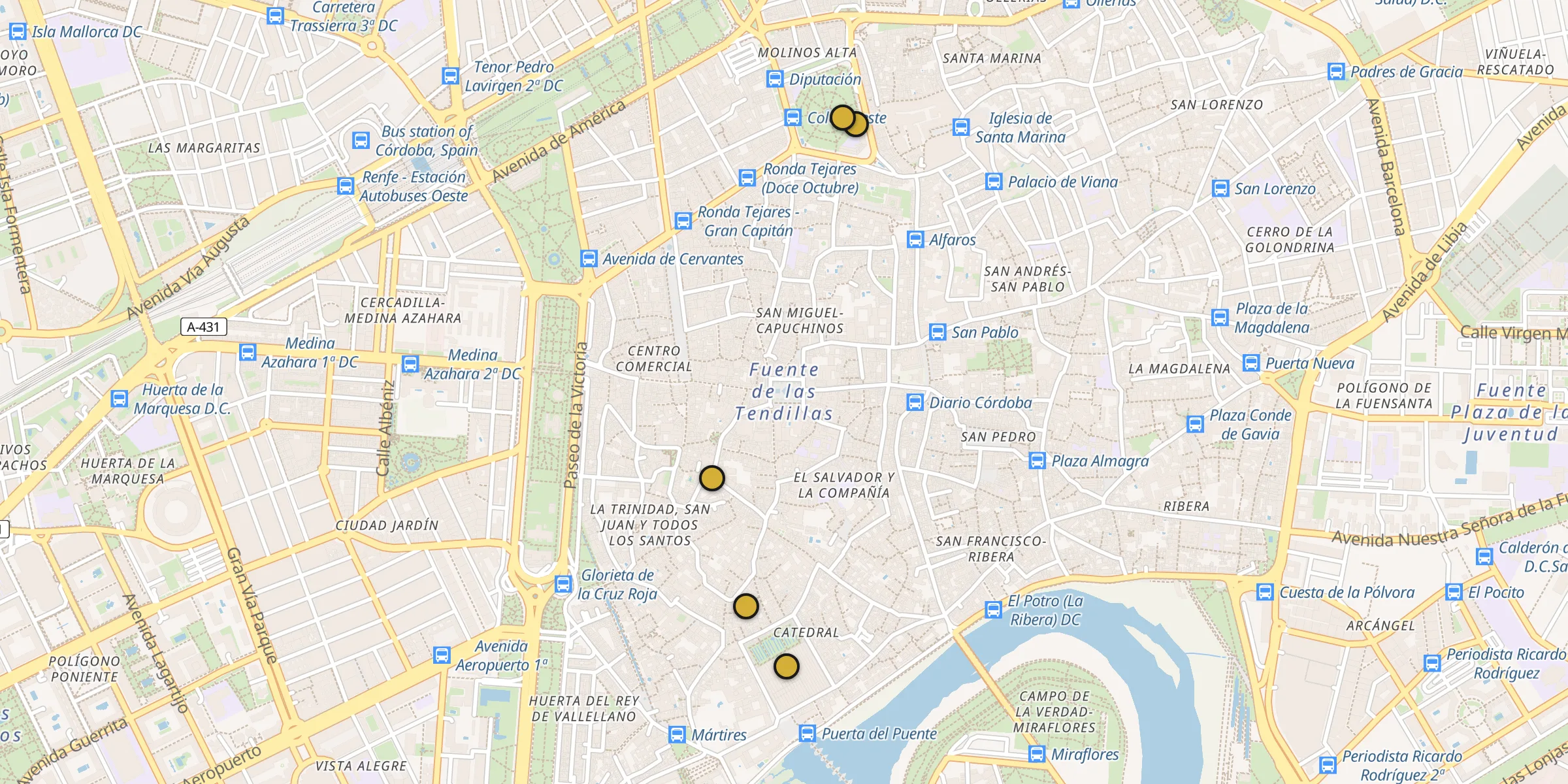 Plan des mosquées à Cordoue : cliquez sur un point pour voir la fiche