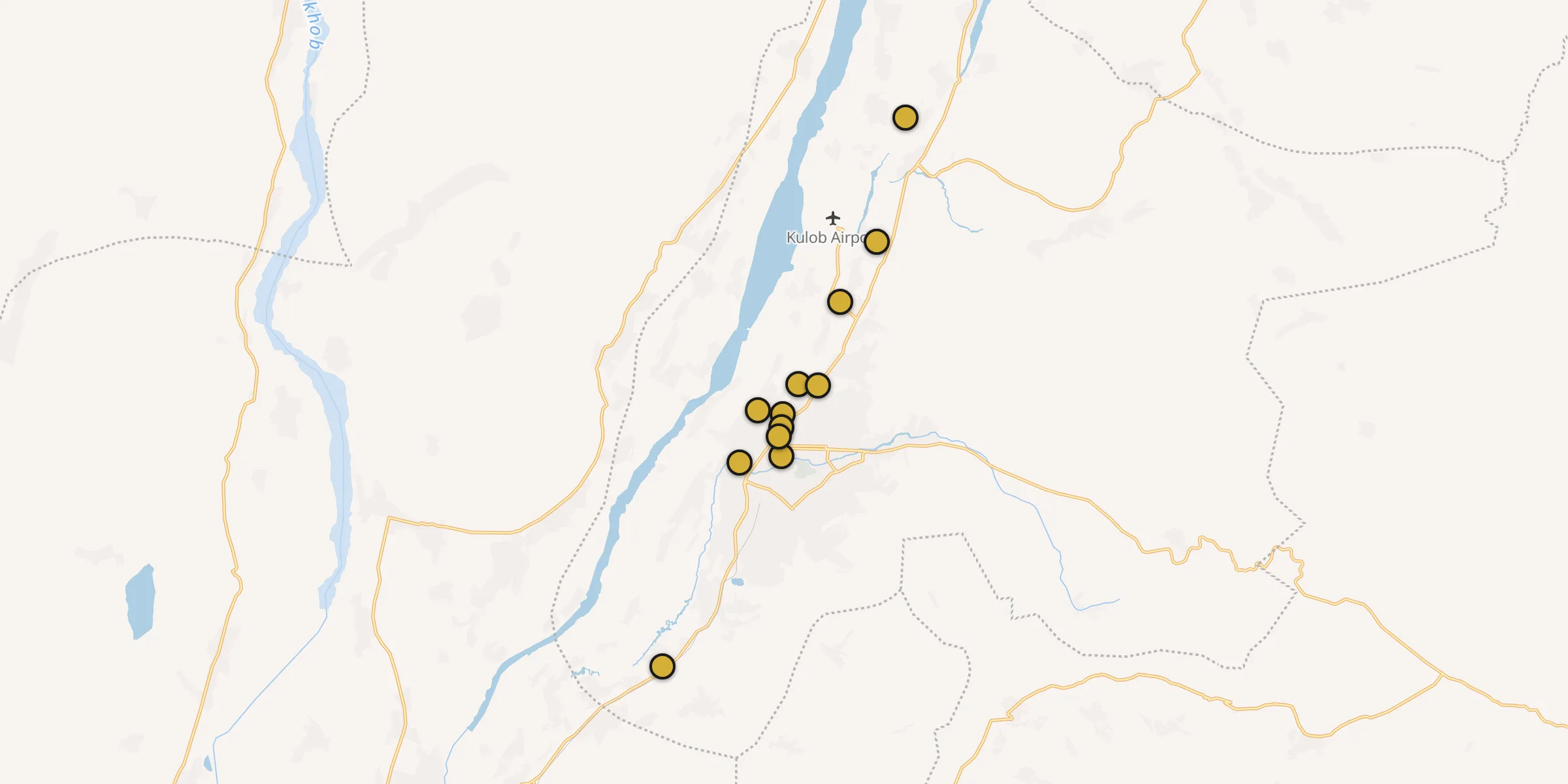 Plan des mosquées à Kŭlob : cliquez sur un point pour voir la fiche
