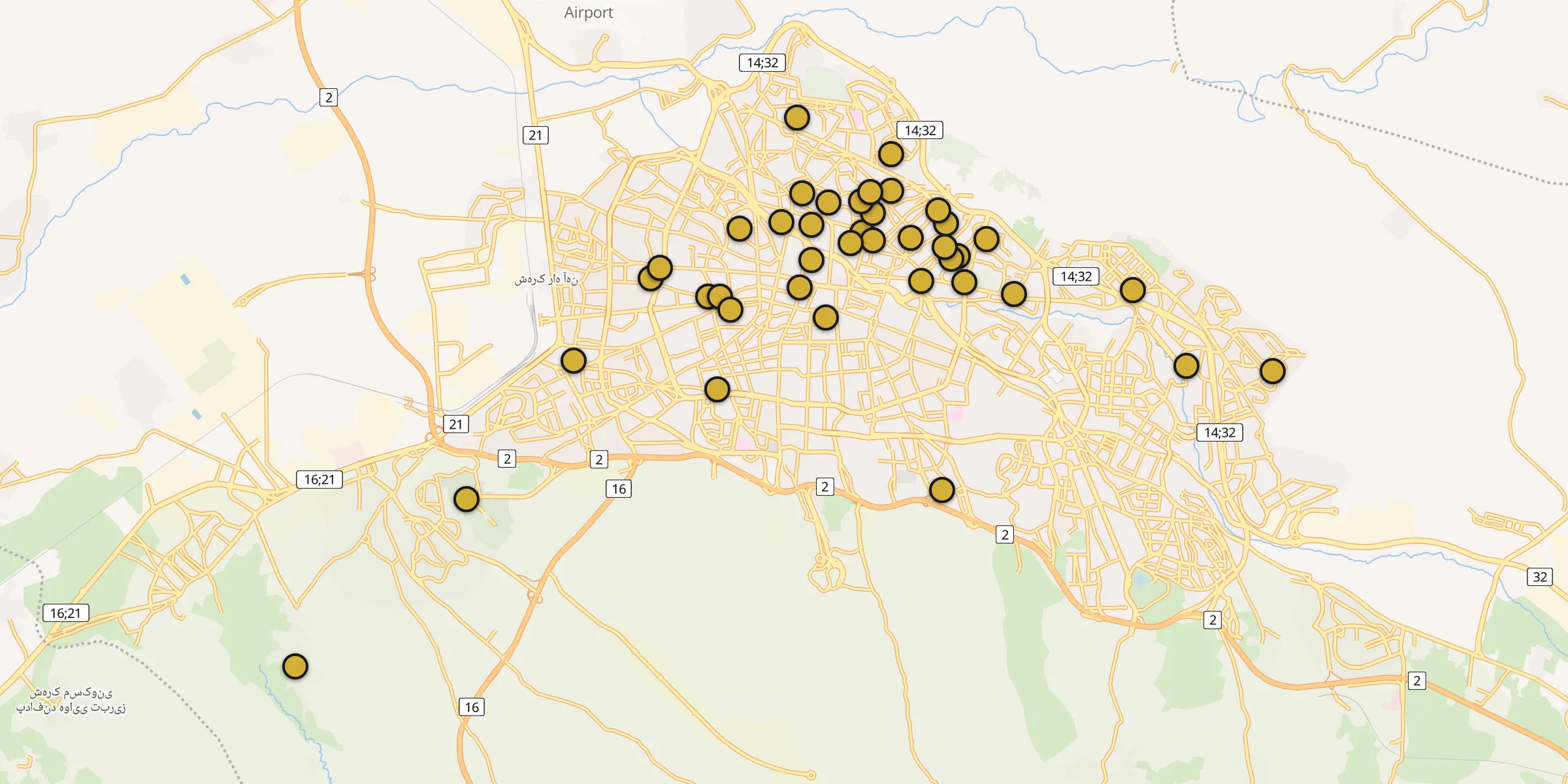 Plan des mosquées à Tabriz : cliquez sur un point pour voir la fiche