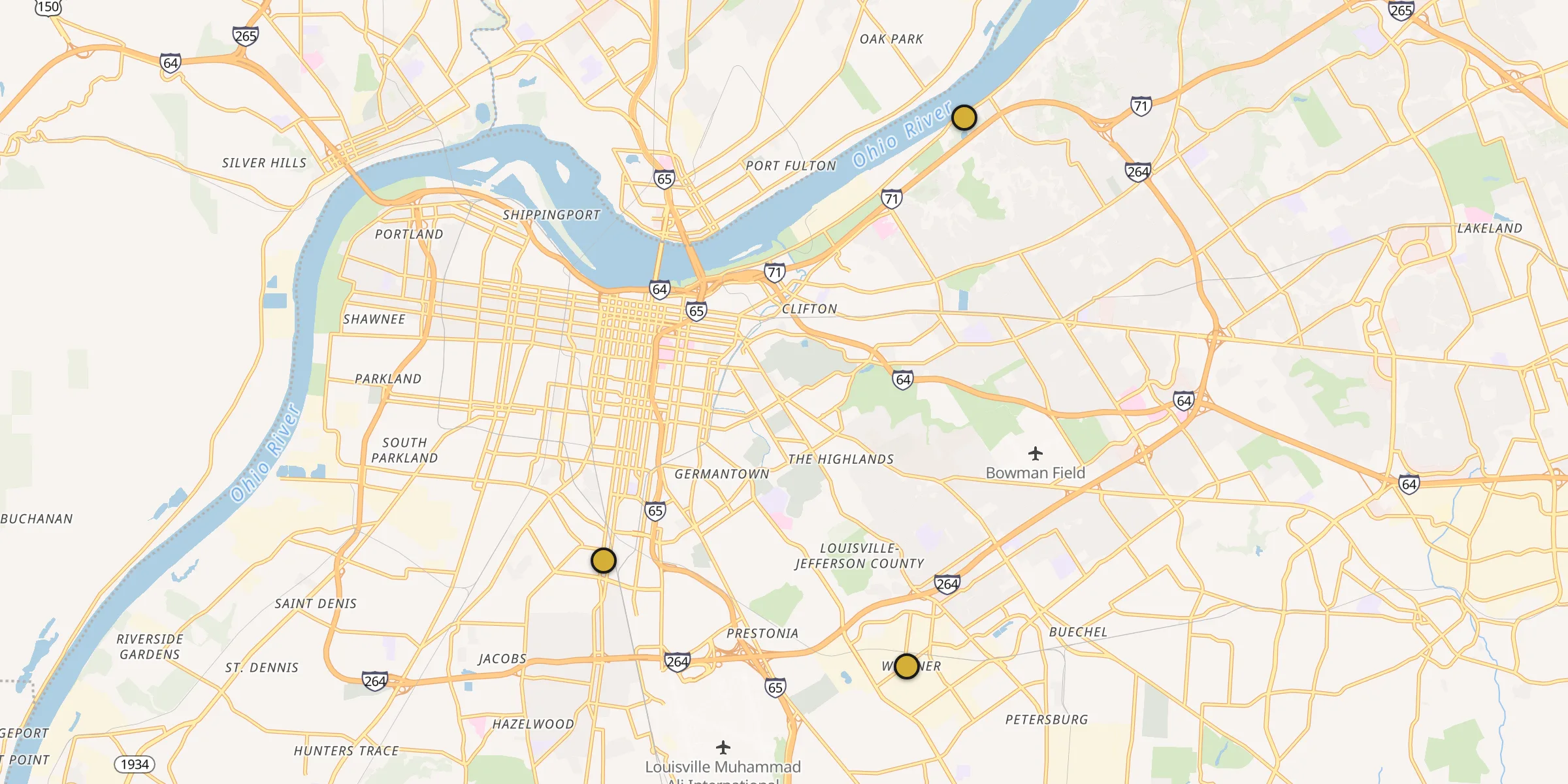 Plan des mosquées à Louisville : cliquez sur un point pour voir la fiche