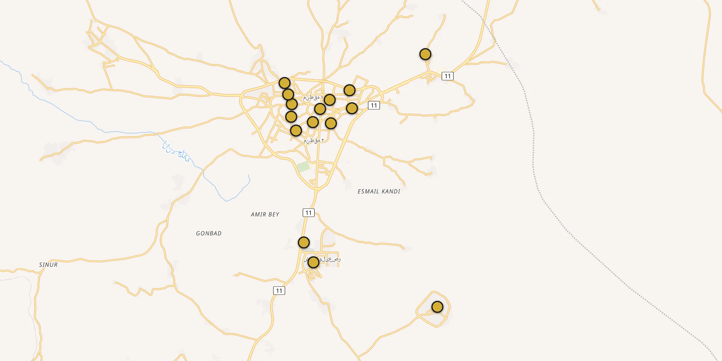 Plan des mosquées à Khowy : cliquez sur un point pour voir la fiche