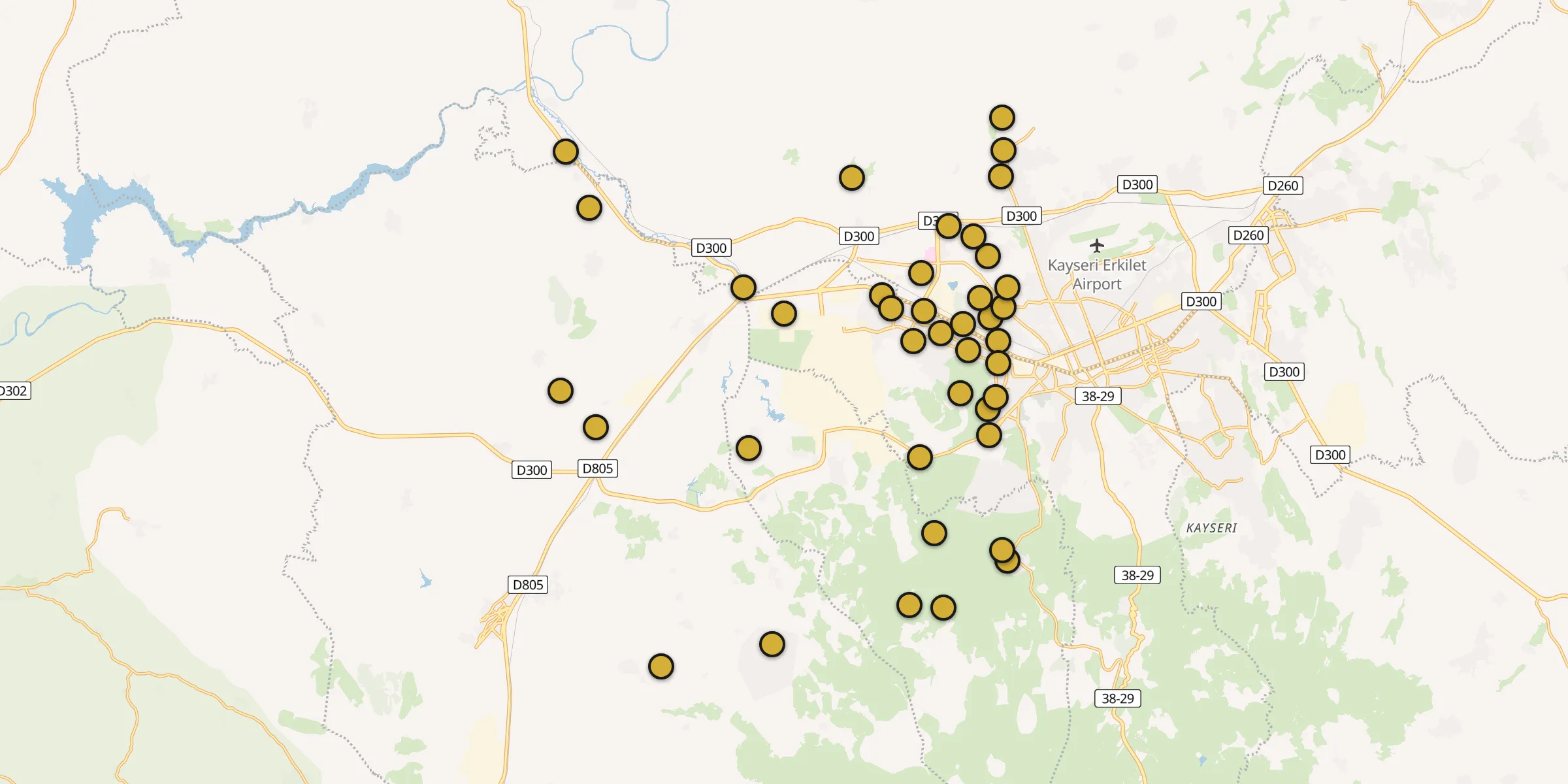 Plan des mosquées à Kayseri : cliquez sur un point pour voir la fiche