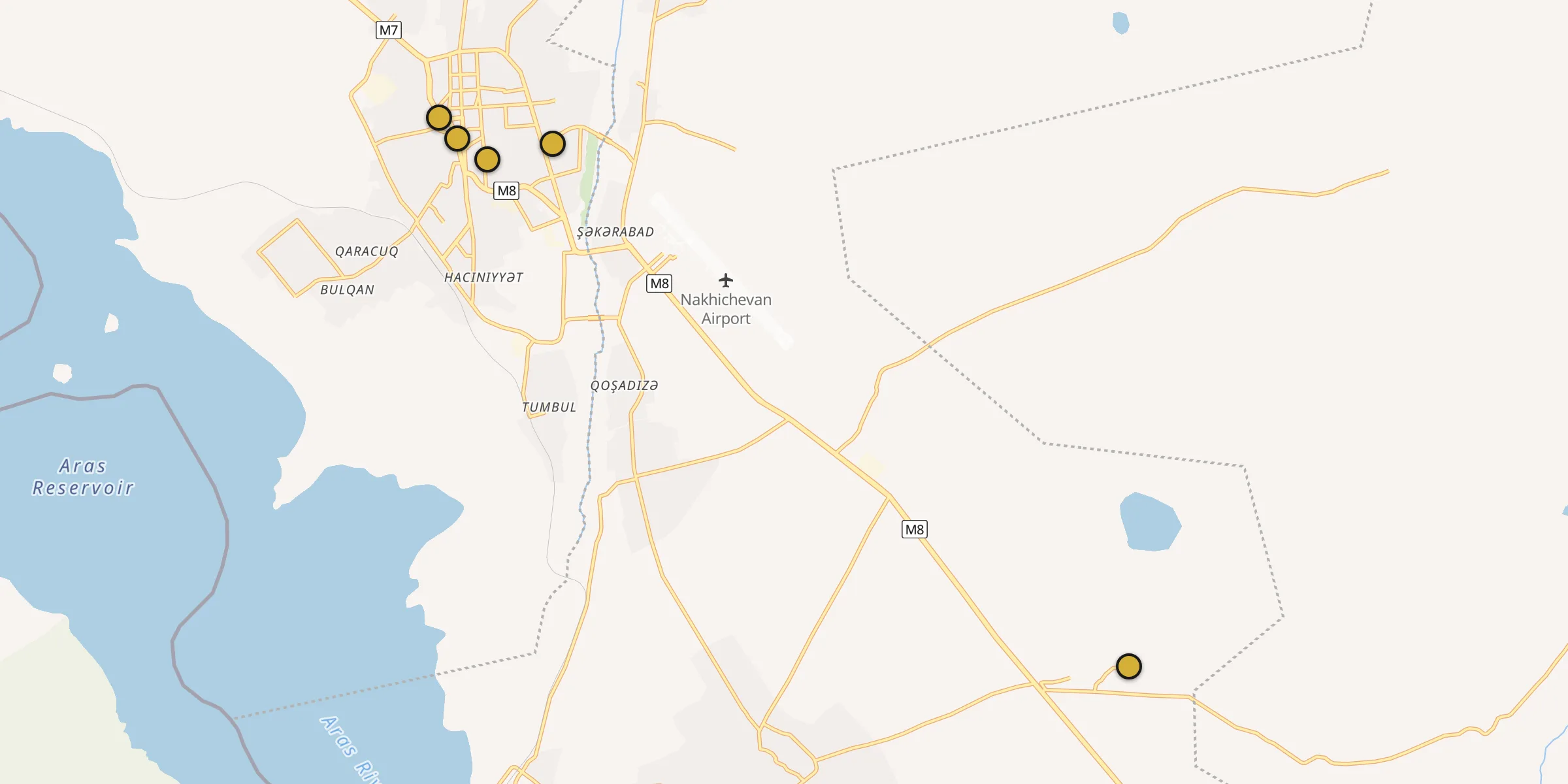 Plan des mosquées à Nakhitchevan : cliquez sur un point pour voir la fiche
