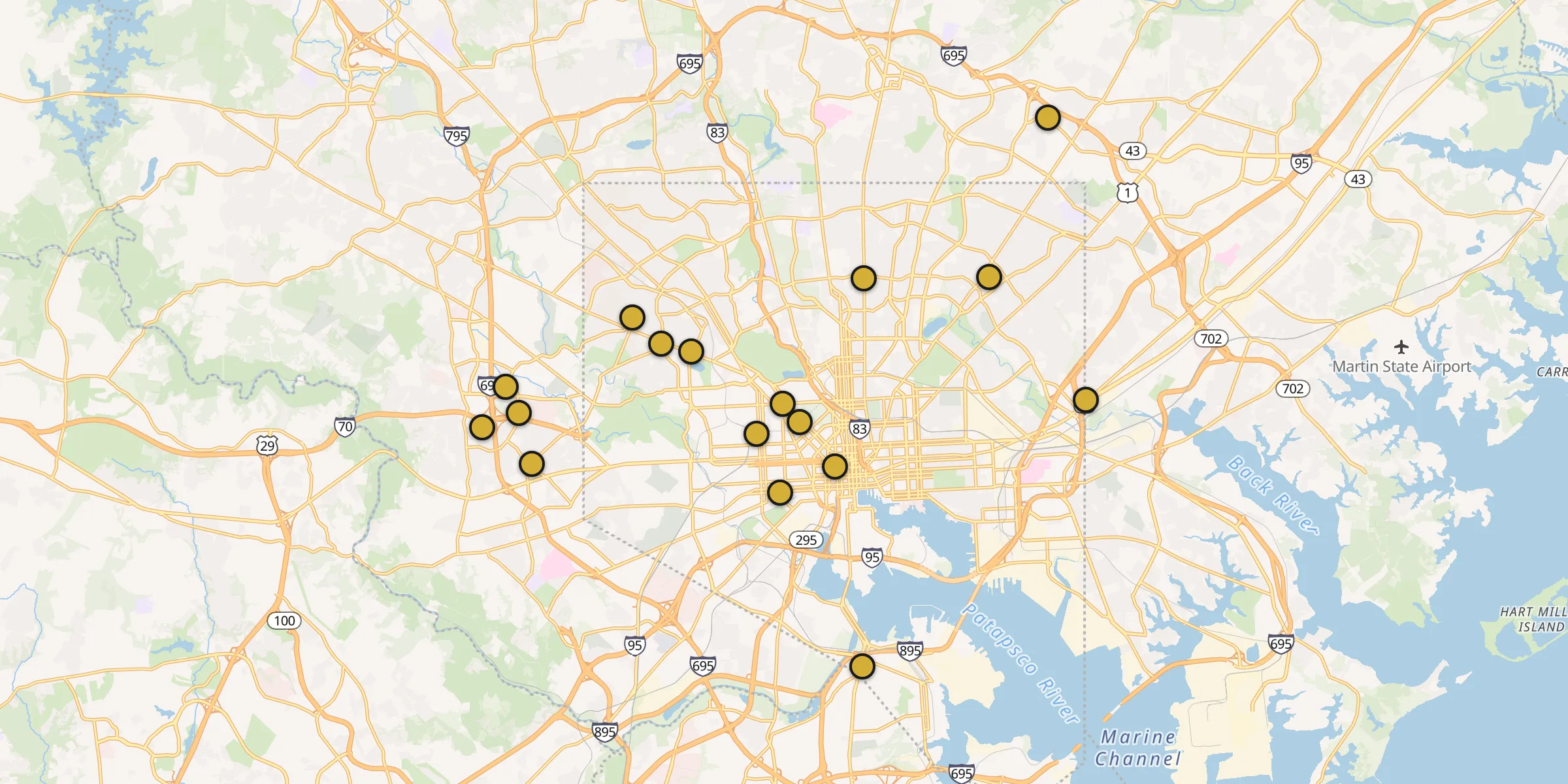 Plan des mosquées à Baltimore : cliquez sur un point pour voir la fiche