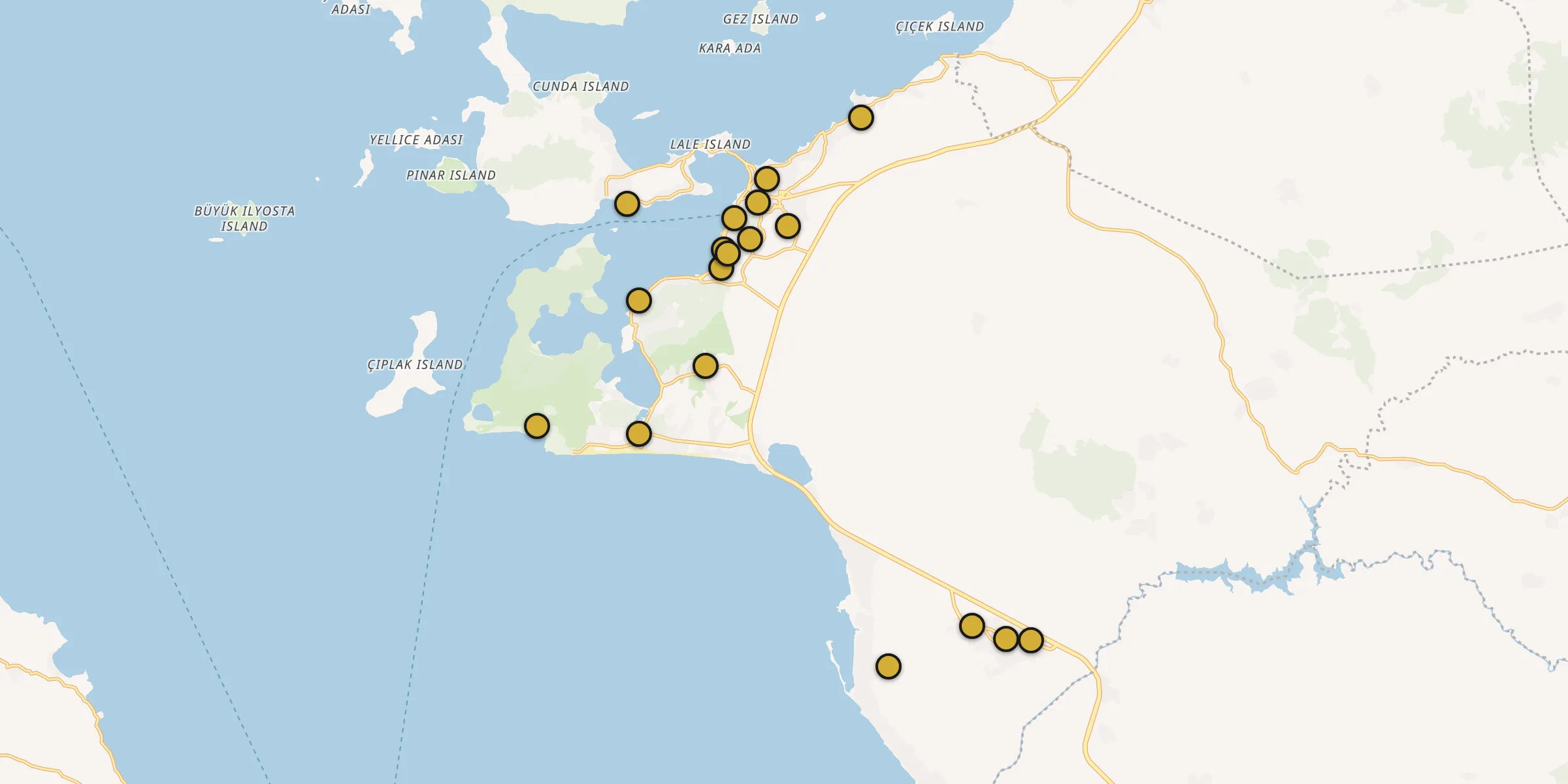 Plan des mosquées à Ayvalık : cliquez sur un point pour voir la fiche