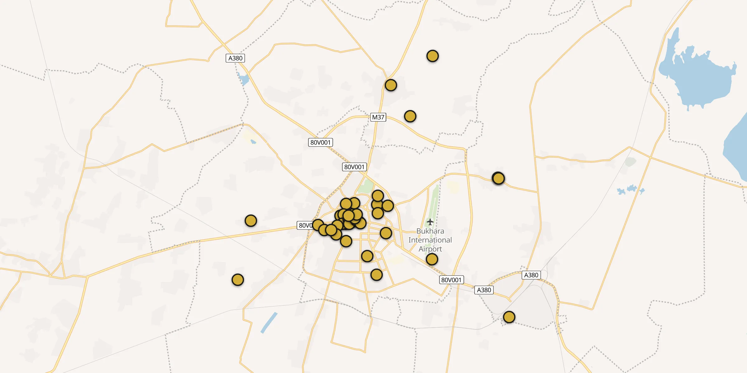 Plan des mosquées à Boukhara : cliquez sur un point pour voir la fiche