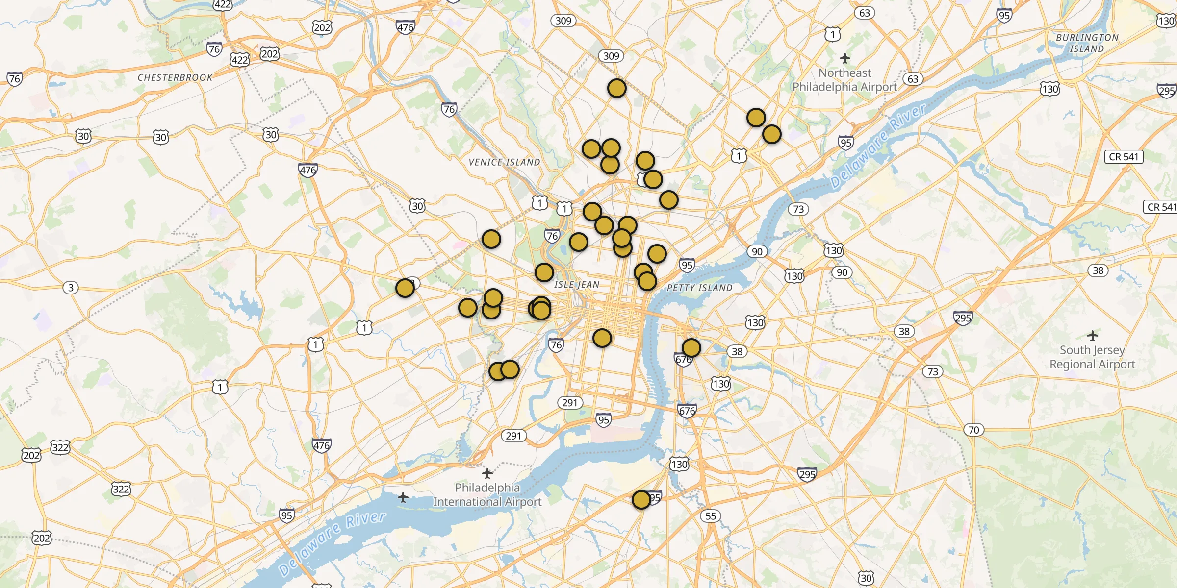 Plan des mosquées à Philadelphie : cliquez sur un point pour voir la fiche