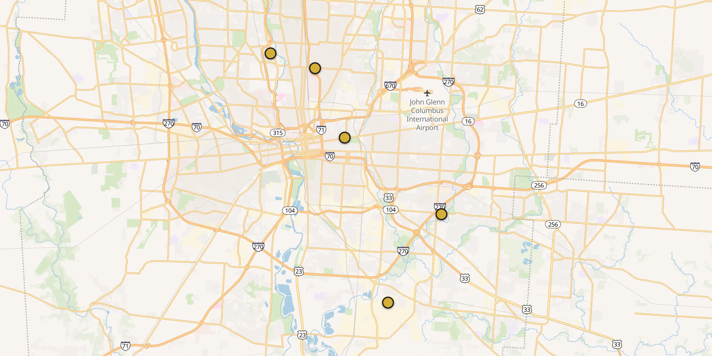 Plan des mosquées à Columbus : cliquez sur un point pour voir la fiche
