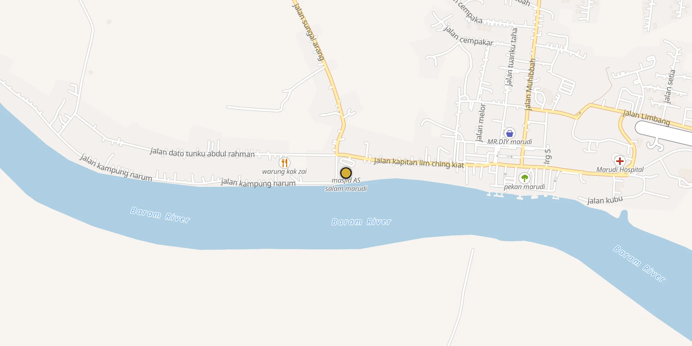 Plan des mosquées à Marudi : cliquez sur un point pour voir la fiche
