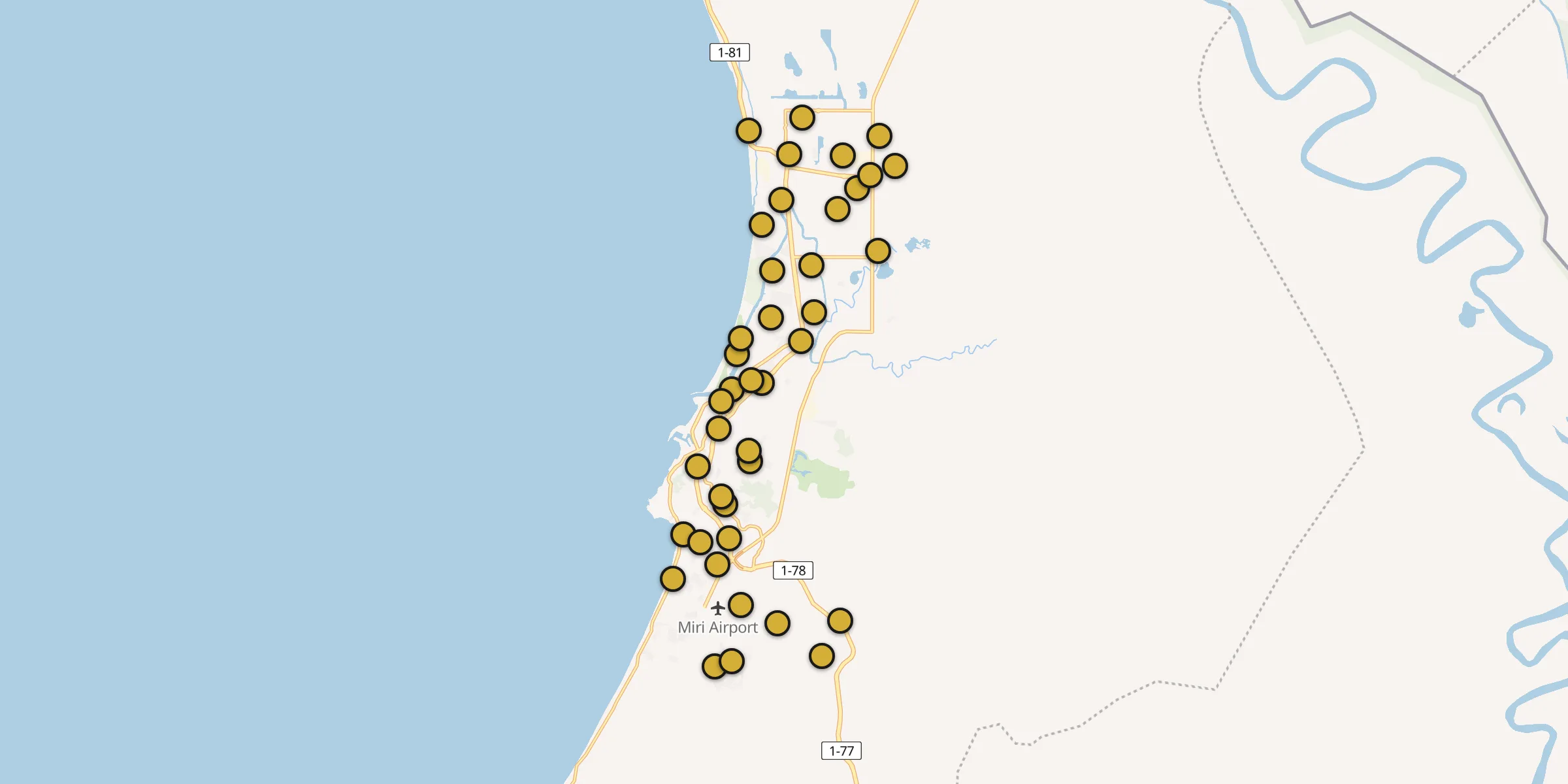Plan des mosquées à Miri : cliquez sur un point pour voir la fiche