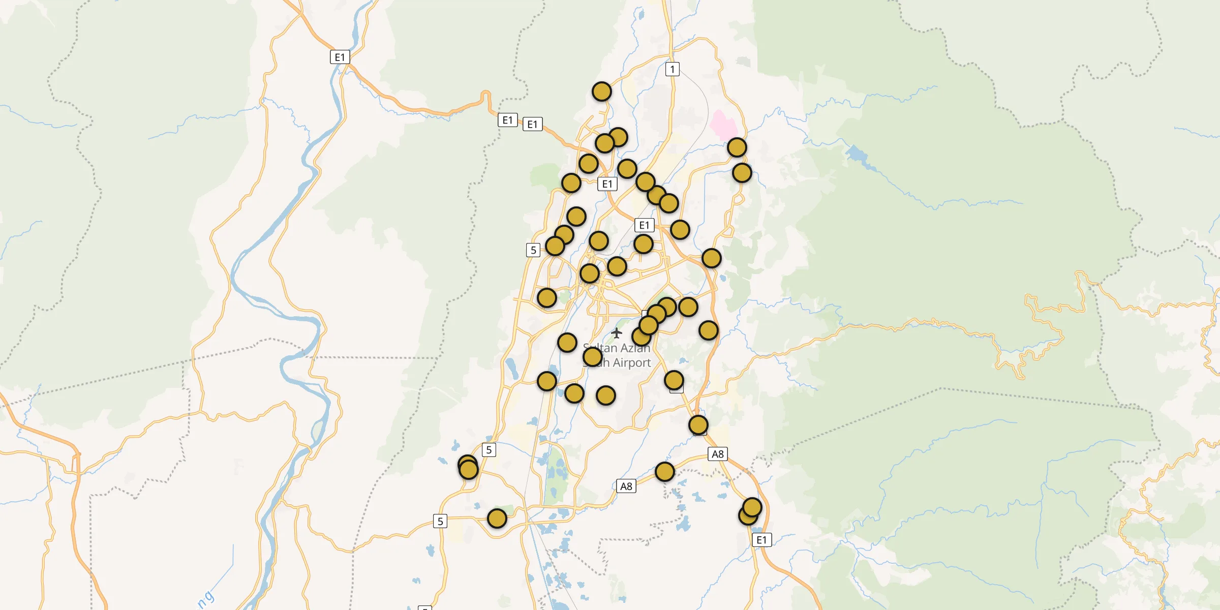 Plan des mosquées à Ipoh : cliquez sur un point pour voir la fiche