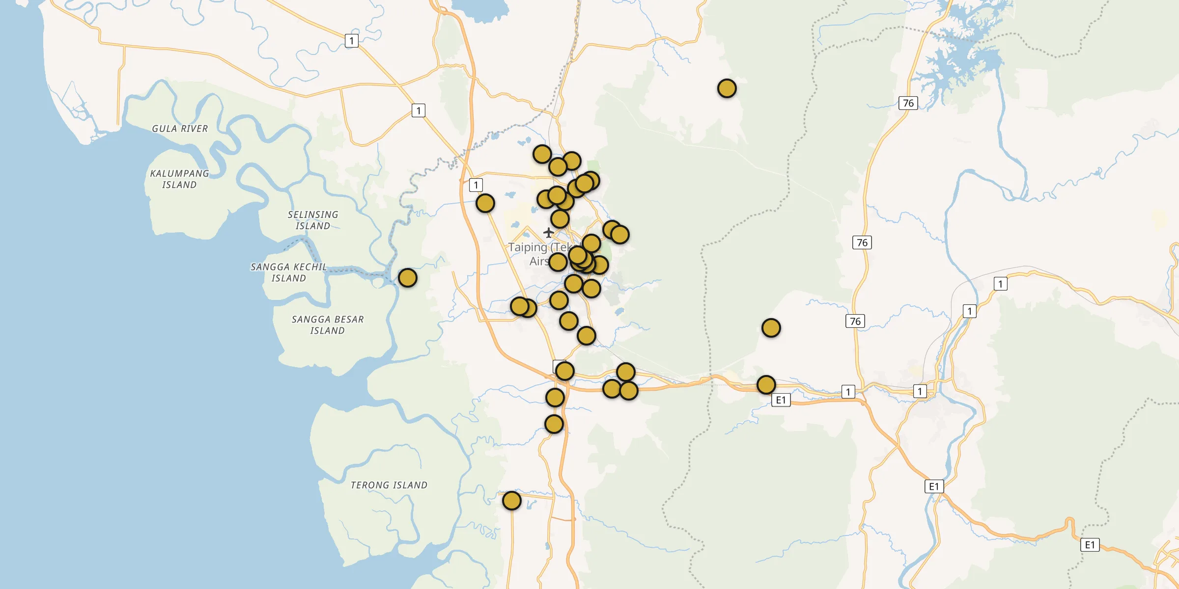 Plan des mosquées à Taiping : cliquez sur un point pour voir la fiche