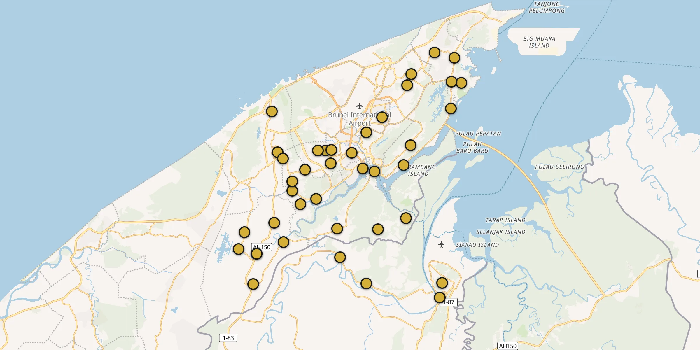 Carte des mosquées à Bandar Seri Begawan