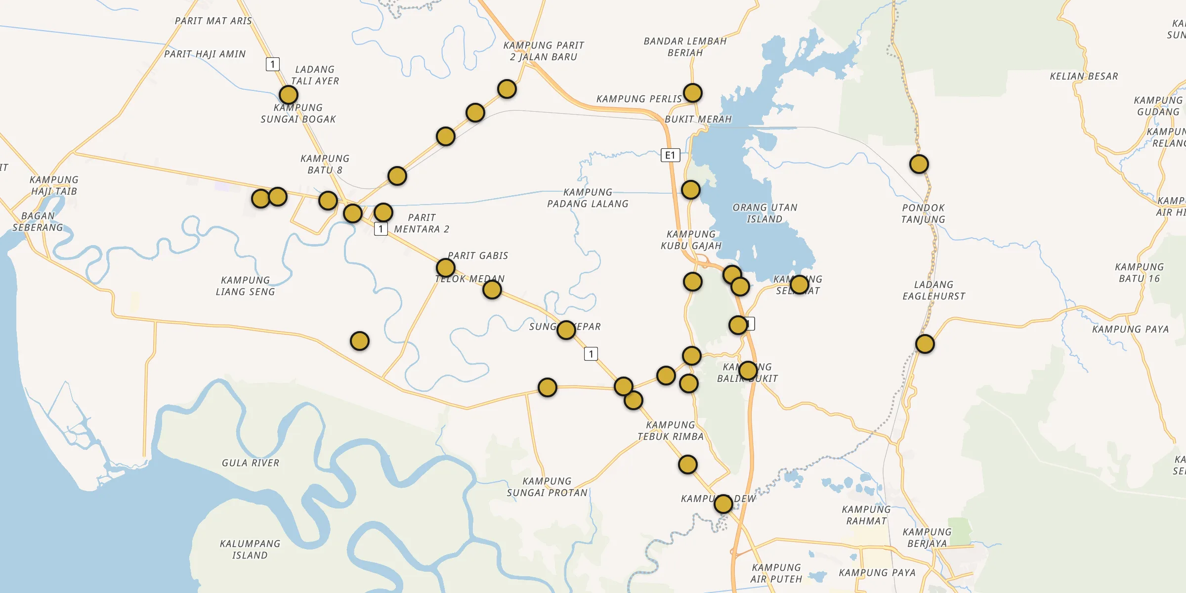Plan des mosquées à Simpang Empat : cliquez sur un point pour voir la fiche