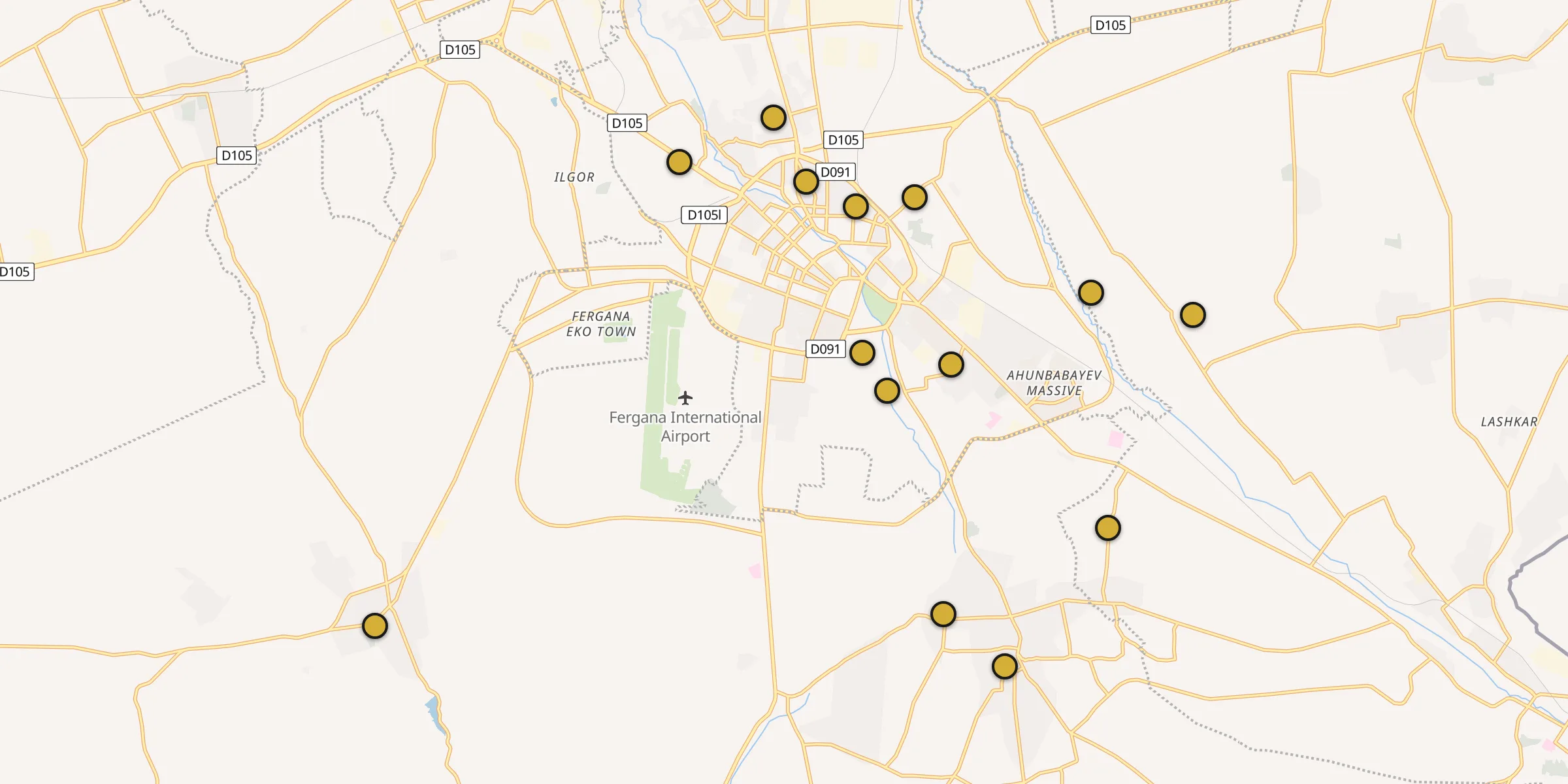 Plan des mosquées à Ferghana : cliquez sur un point pour voir la fiche