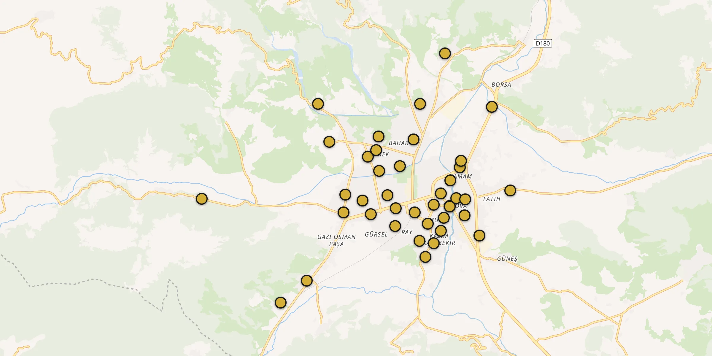Plan des mosquées à Turhal : cliquez sur un point pour voir la fiche