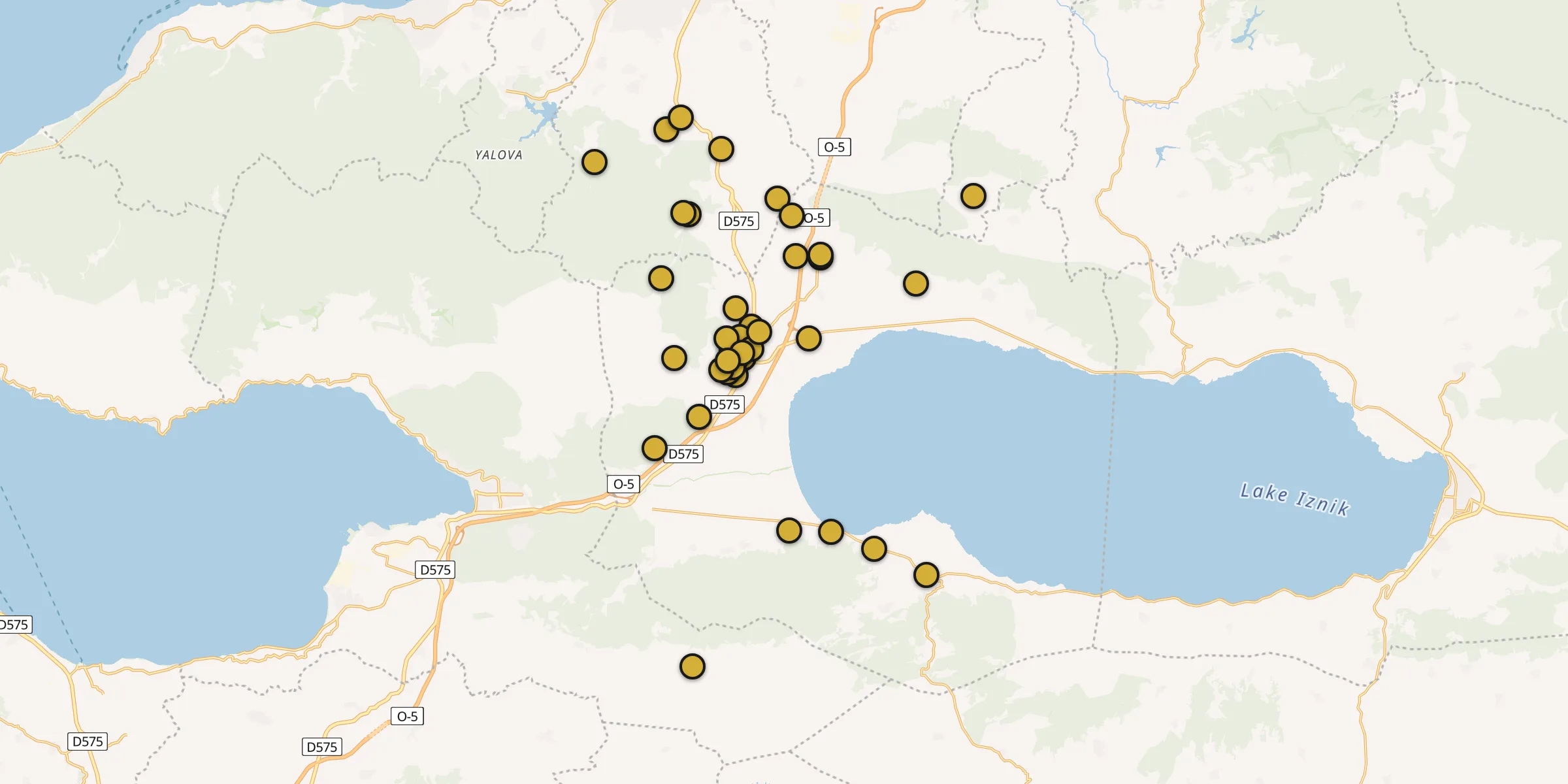 Plan des mosquées à Orhangazi : cliquez sur un point pour voir la fiche