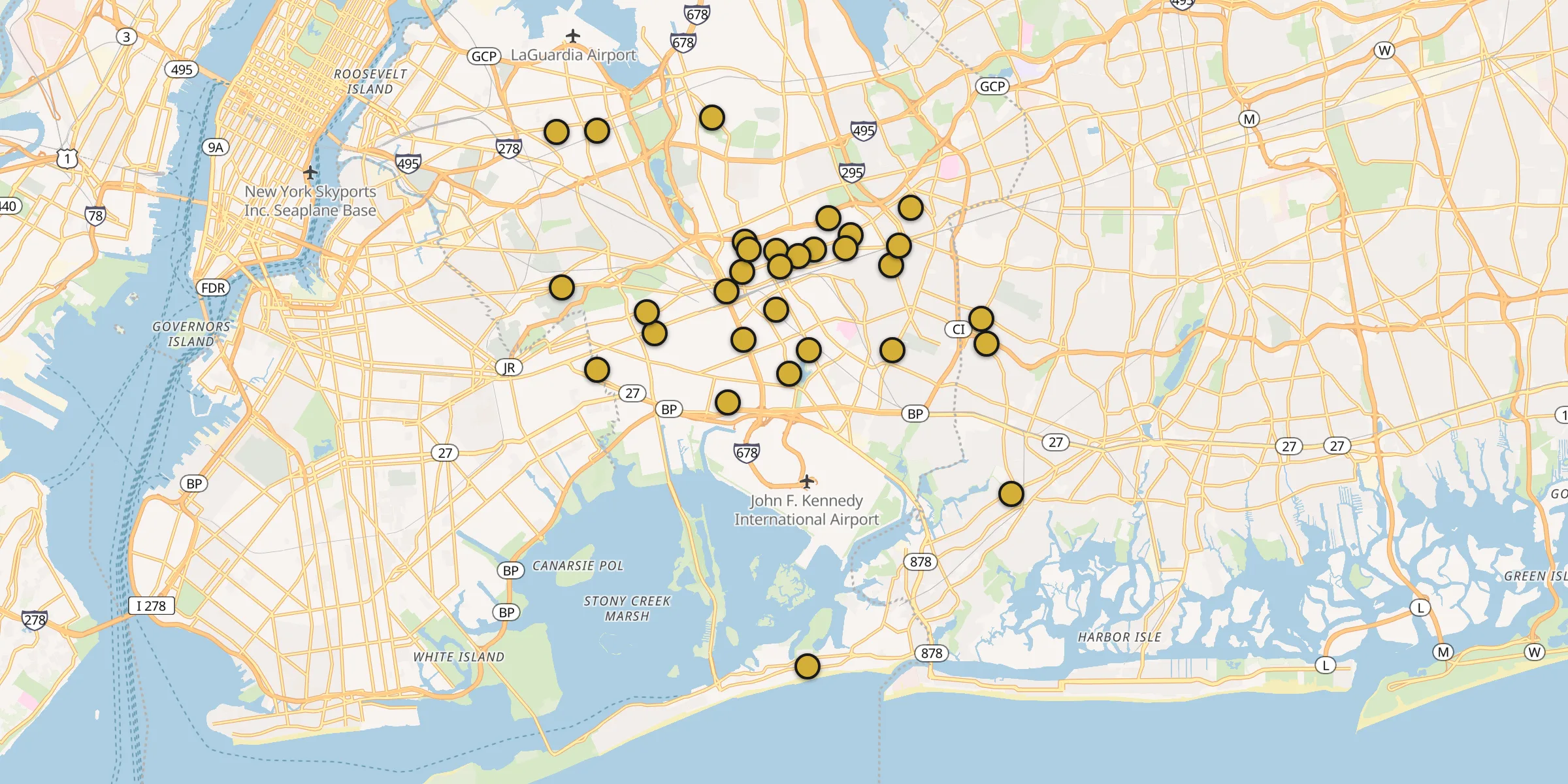 Plan des mosquées à Queens : cliquez sur un point pour voir la fiche