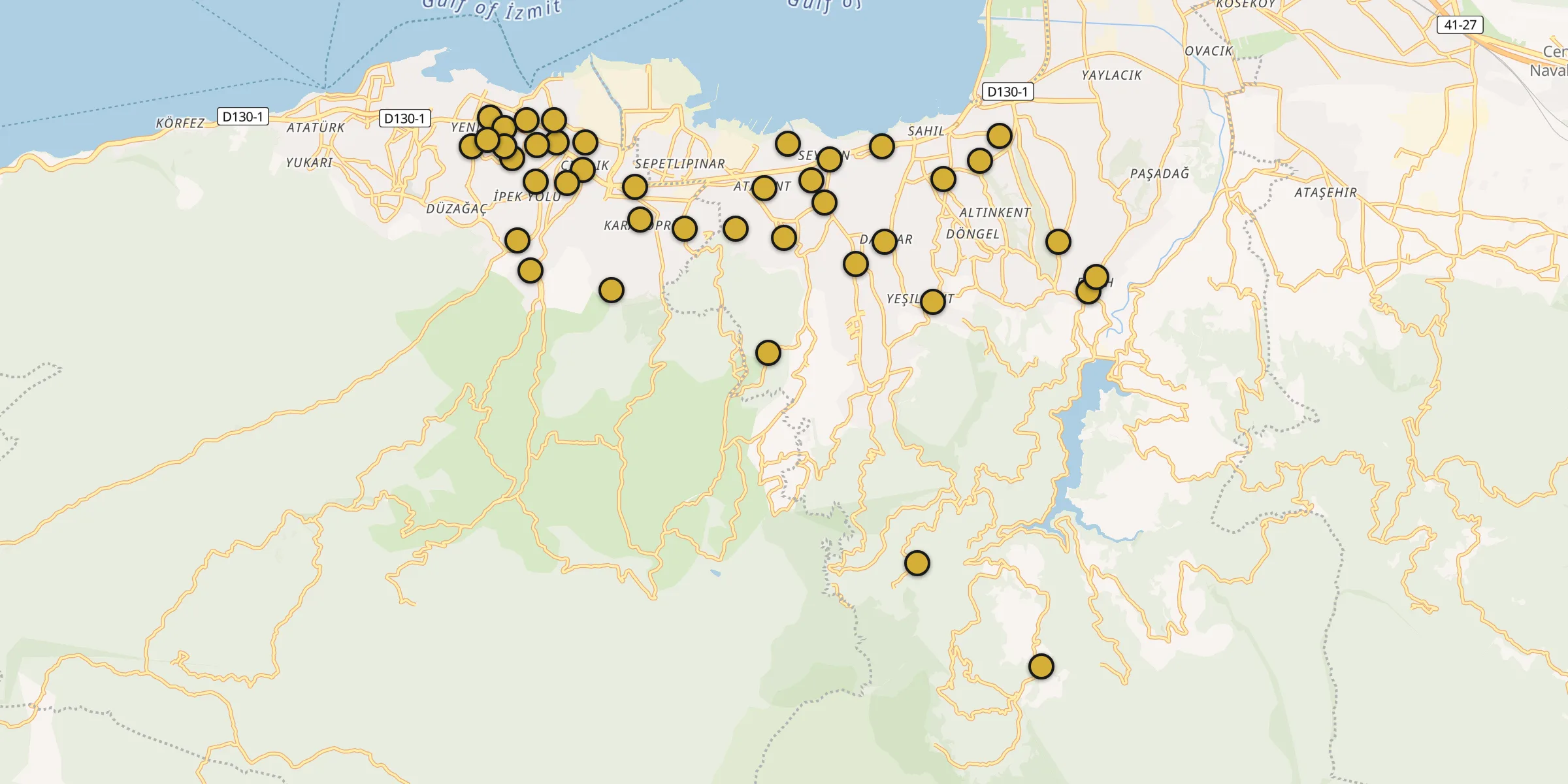 Plan des mosquées à Gölcük : cliquez sur un point pour voir la fiche