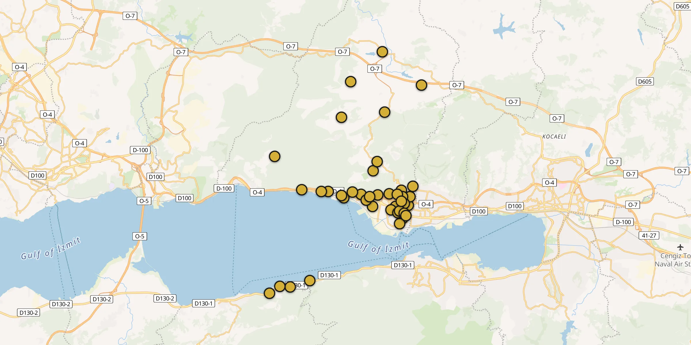 Plan des mosquées à Körfez : cliquez sur un point pour voir la fiche