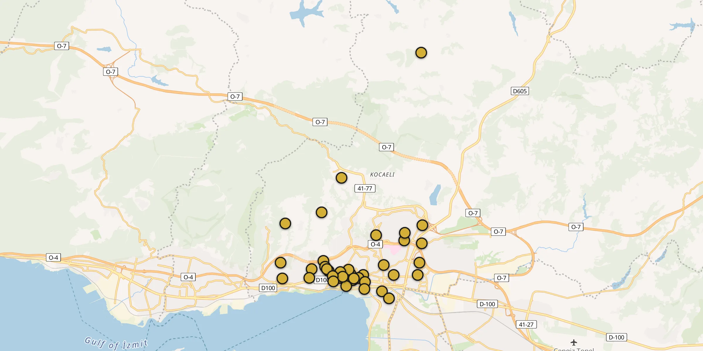Plan des mosquées à Izmit : cliquez sur un point pour voir la fiche