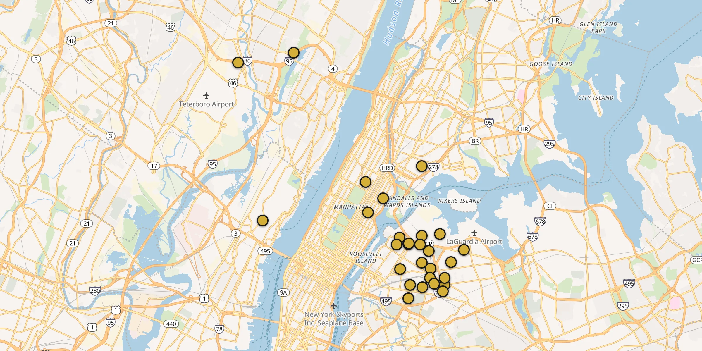 Plan des mosquées à Manhattan : cliquez sur un point pour voir la fiche