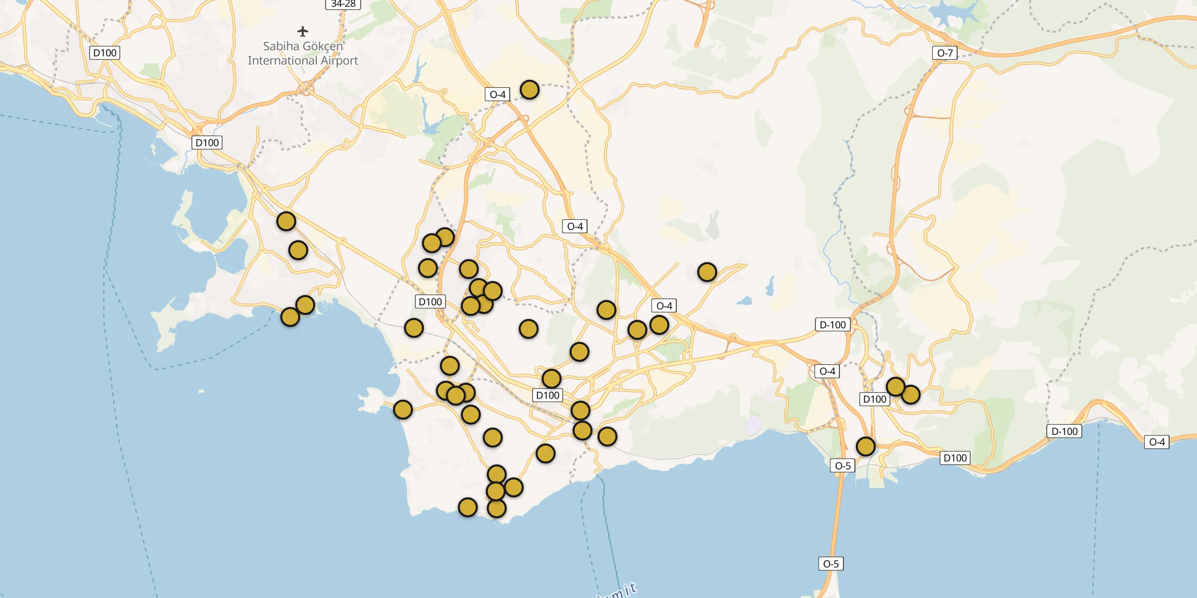 Plan des mosquées à Gebze : cliquez sur un point pour voir la fiche