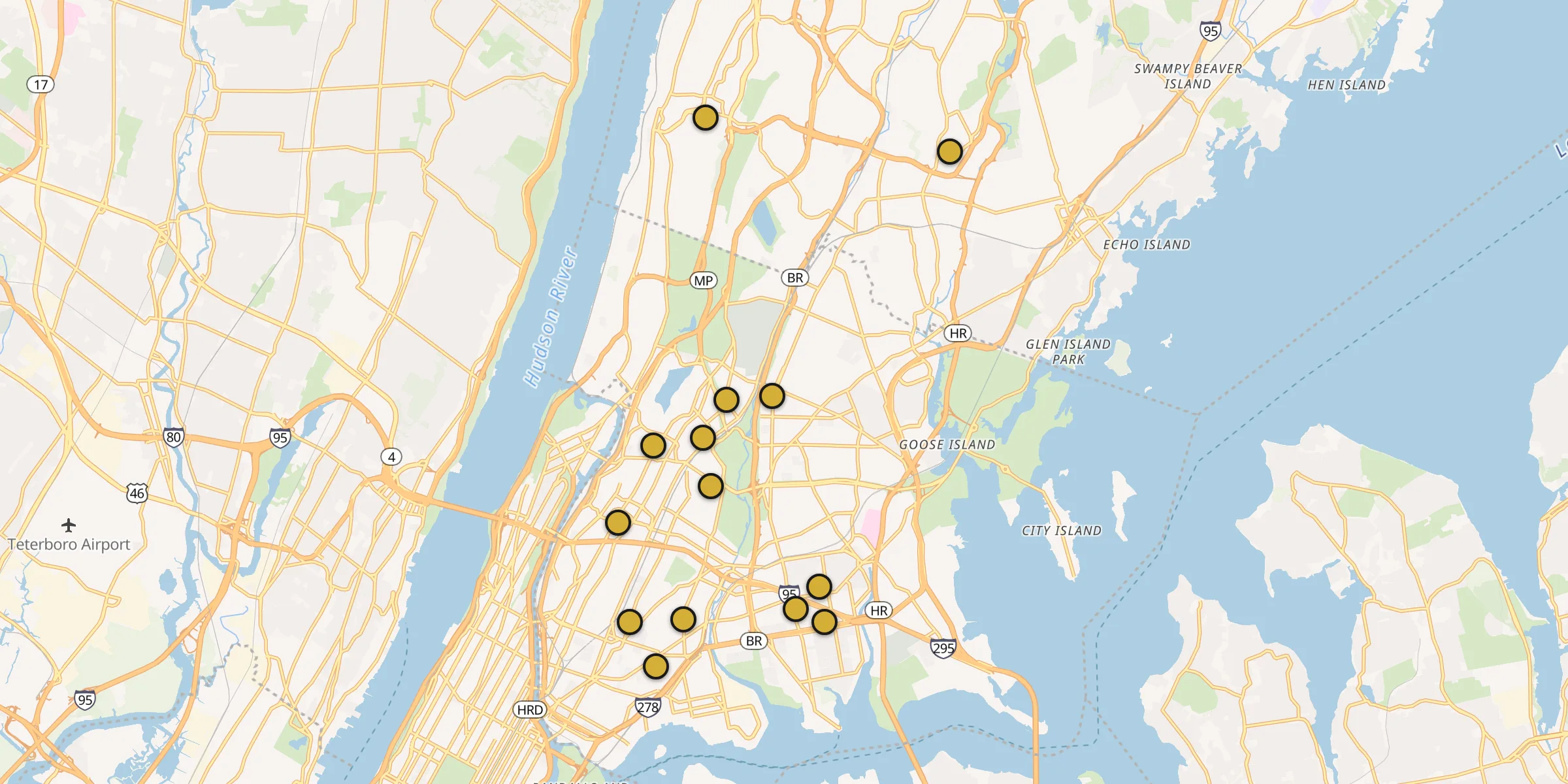 Plan des mosquées à Bronx : cliquez sur un point pour voir la fiche