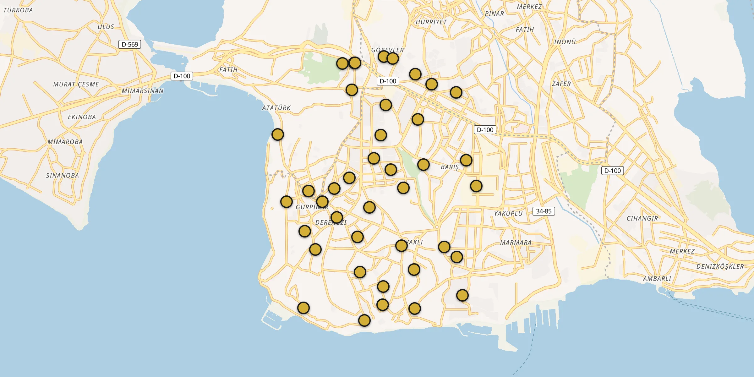 Plan des mosquées à Beylikdüzü : cliquez sur un point pour voir la fiche