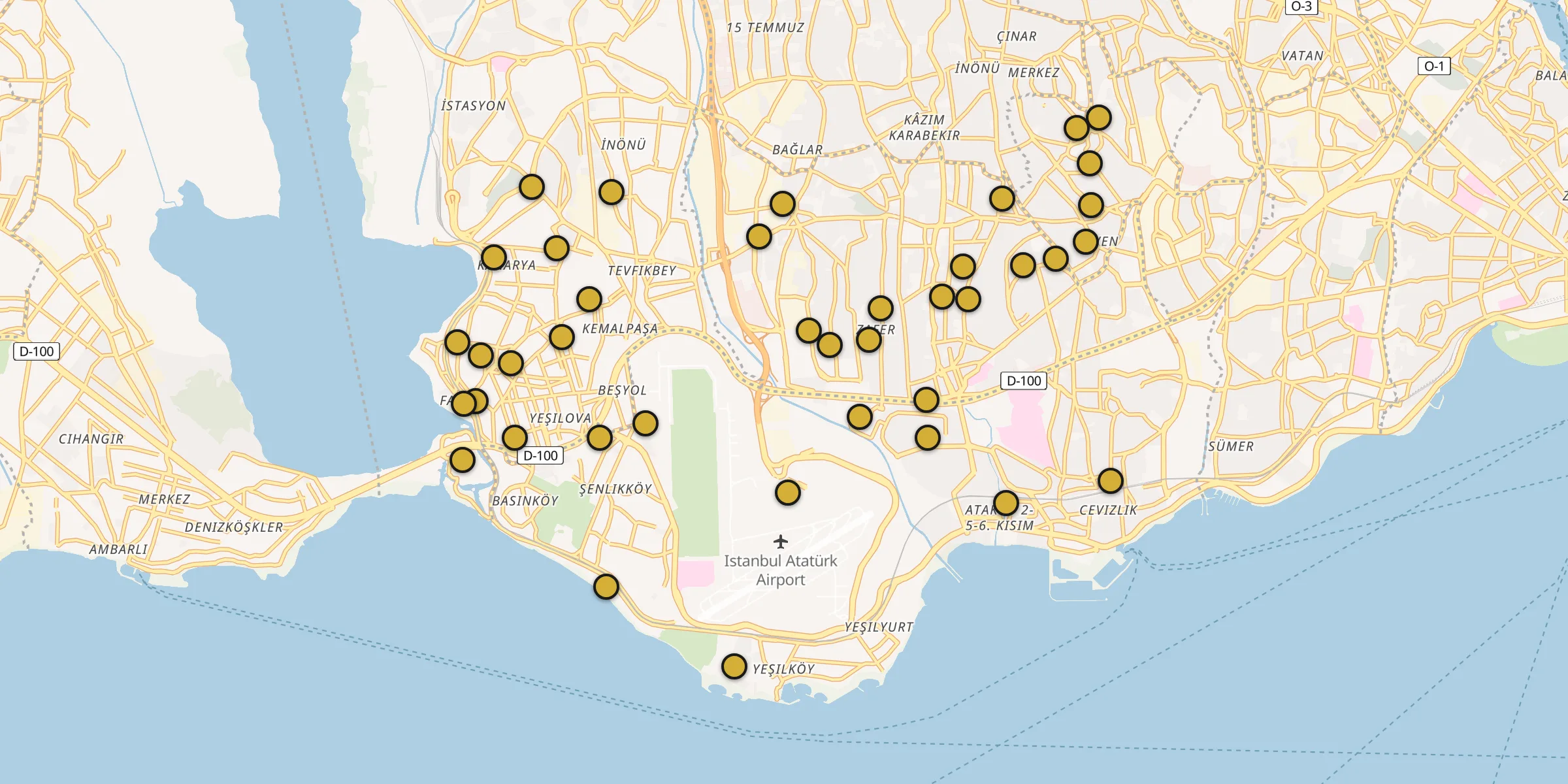 Plan des mosquées à Bahçelievler : cliquez sur un point pour voir la fiche