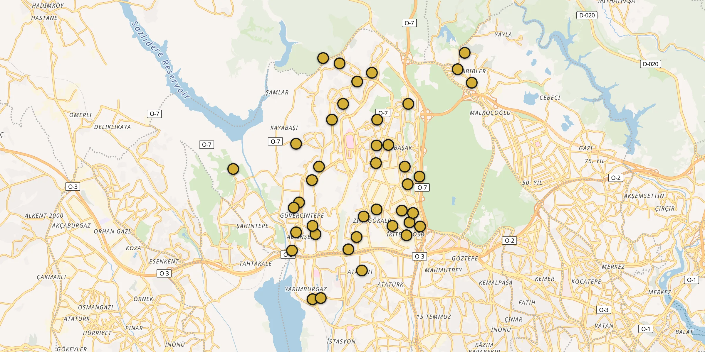 Plan des mosquées à Başakşehir : cliquez sur un point pour voir la fiche