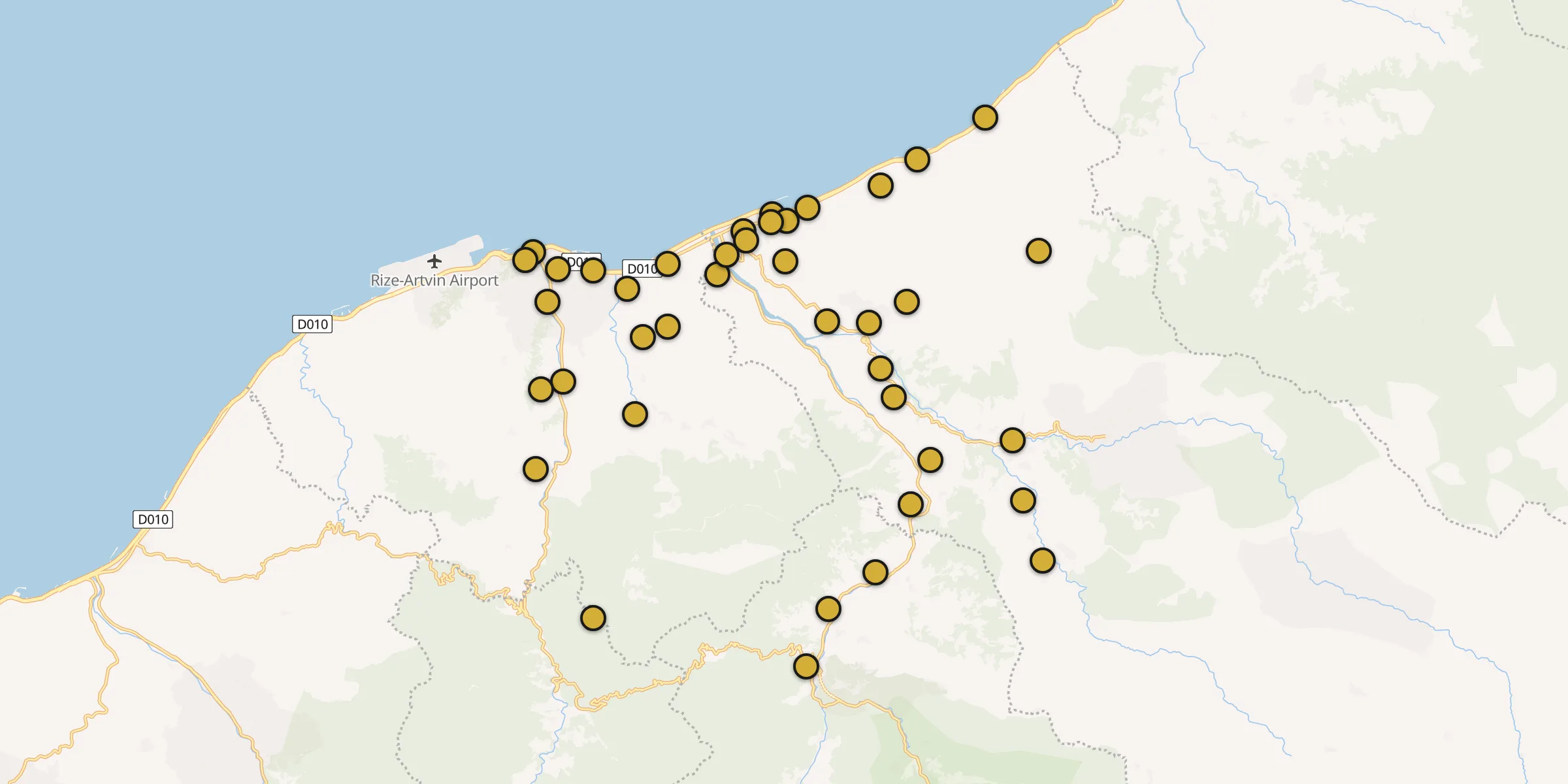 Plan des mosquées à Ardeşen : cliquez sur un point pour voir la fiche