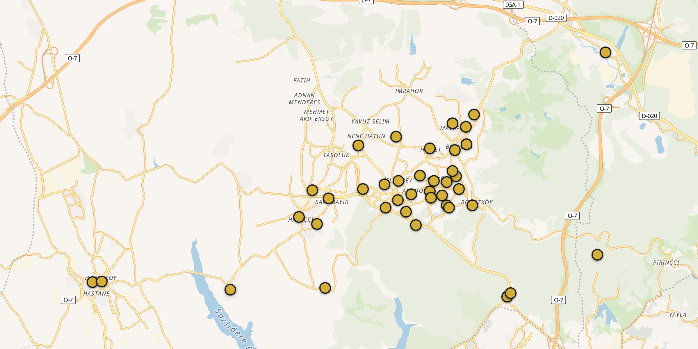 Plan des mosquées à Arnavutköy : cliquez sur un point pour voir la fiche