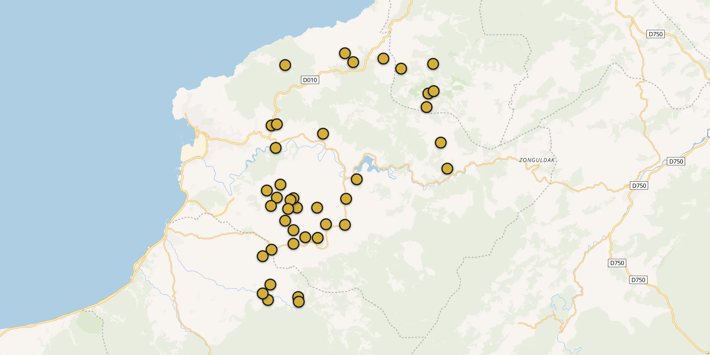 Plan des mosquées à Ereğli : cliquez sur un point pour voir la fiche