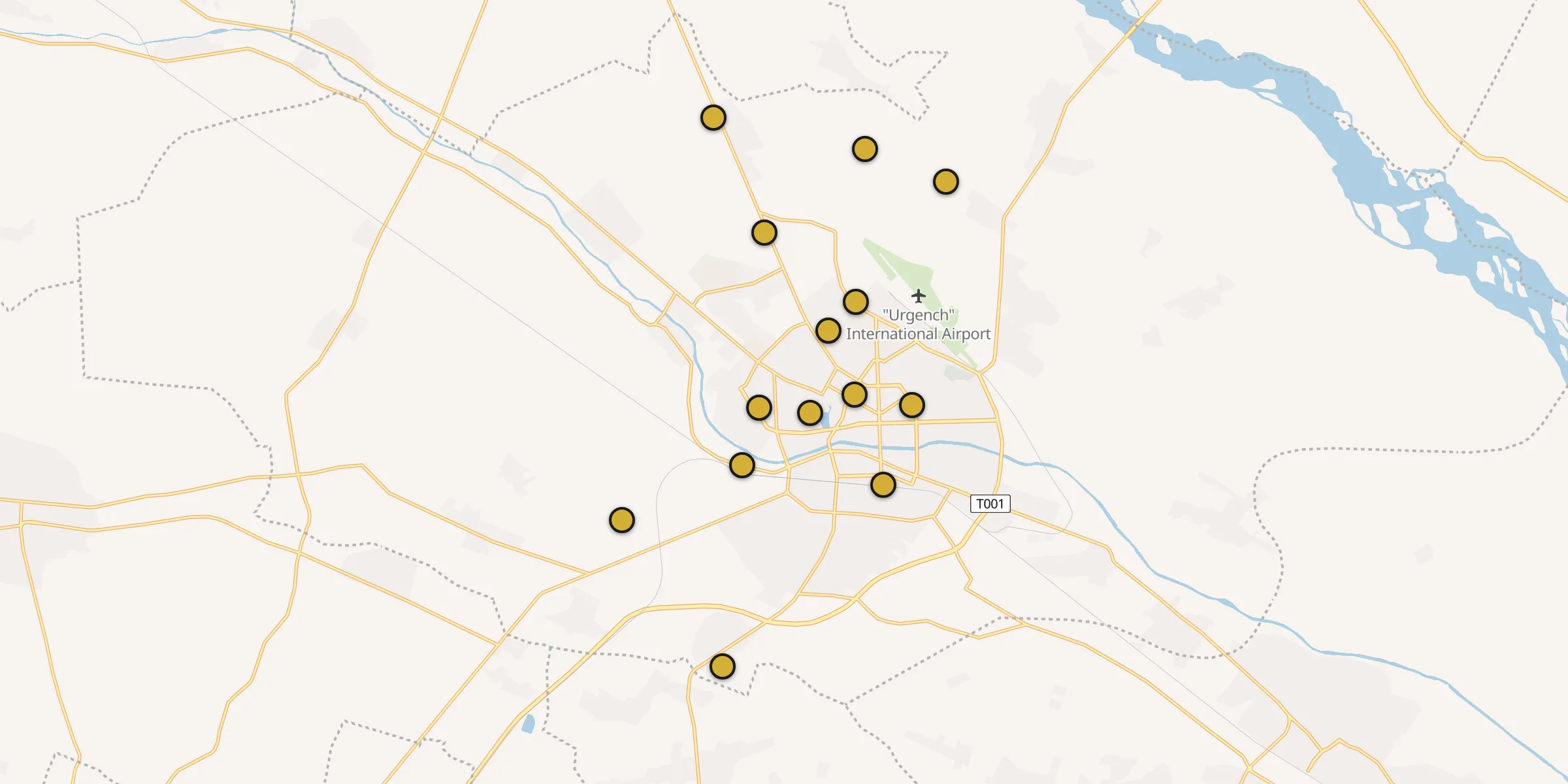 Plan des mosquées à Ourguentch : cliquez sur un point pour voir la fiche