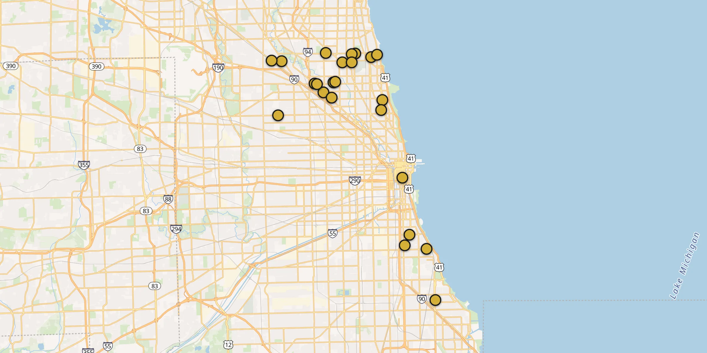 Plan des mosquées à Chicago : cliquez sur un point pour voir la fiche