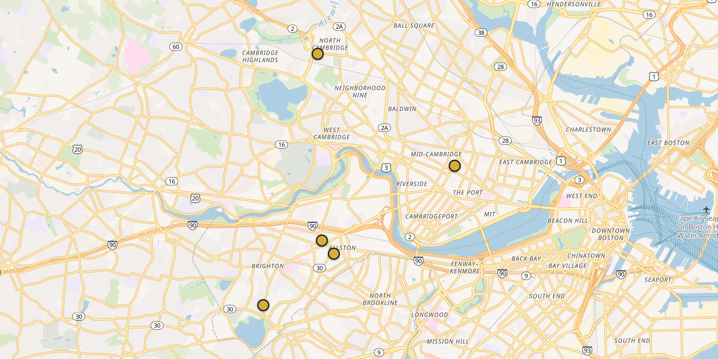 Plan des mosquées à Boston : cliquez sur un point pour voir la fiche