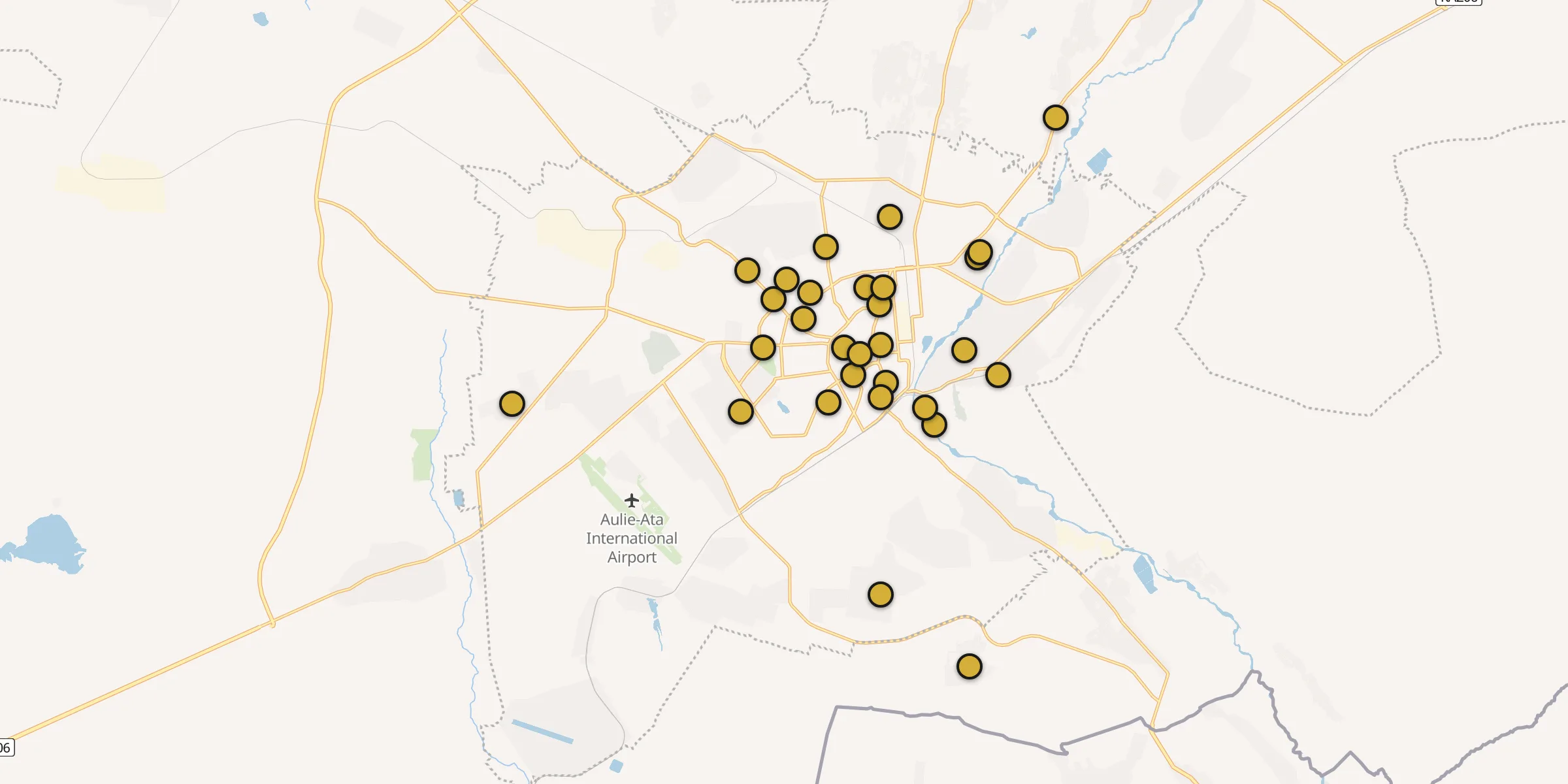 Plan des mosquées à Taraz : cliquez sur un point pour voir la fiche