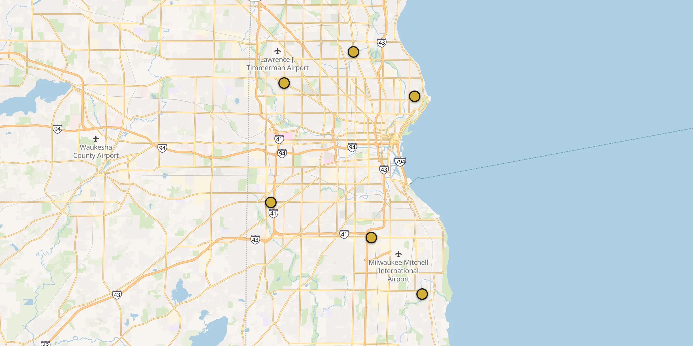Plan des mosquées à Milwaukee : cliquez sur un point pour voir la fiche