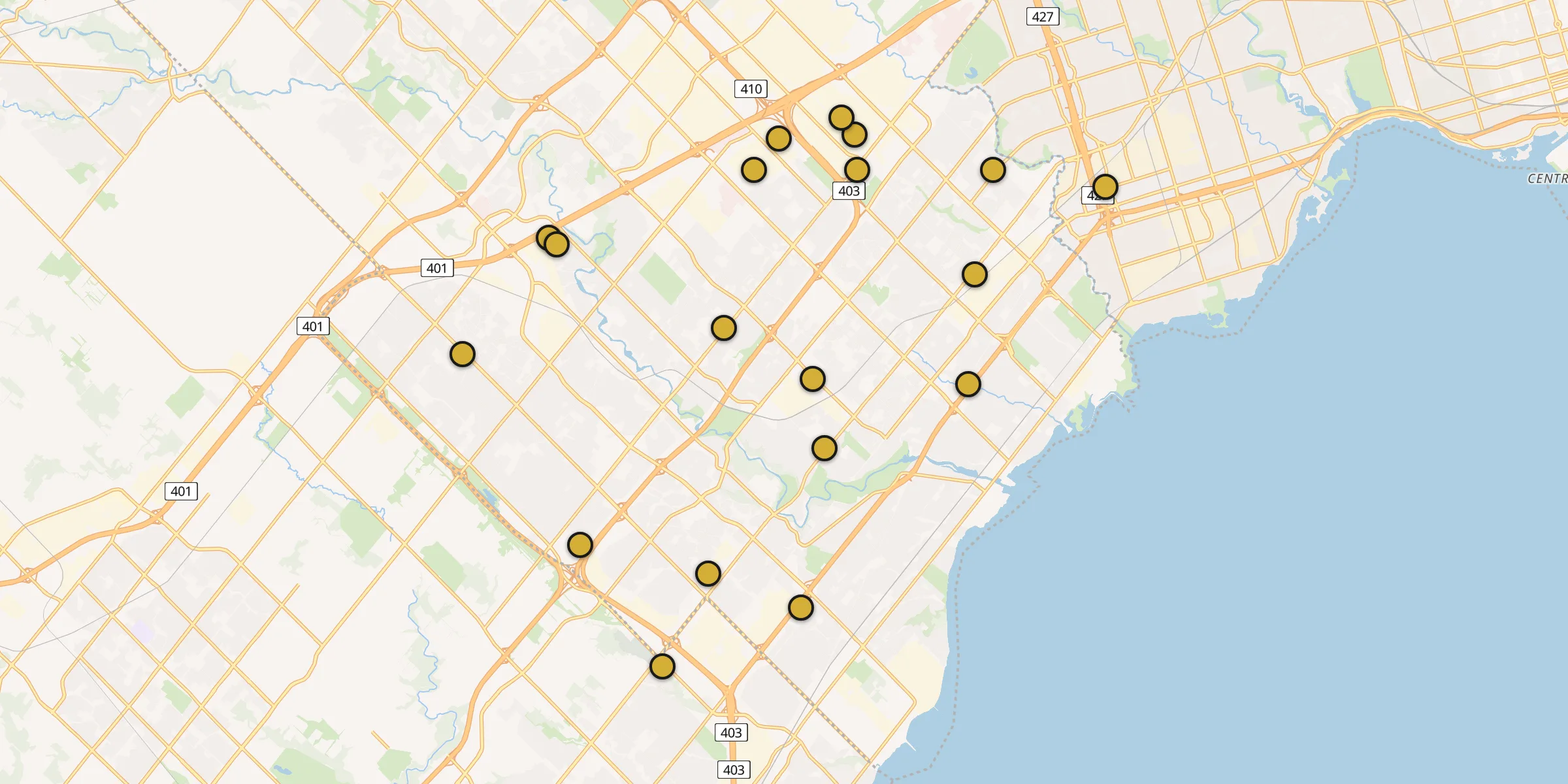 Plan des mosquées à Mississauga : cliquez sur un point pour voir la fiche