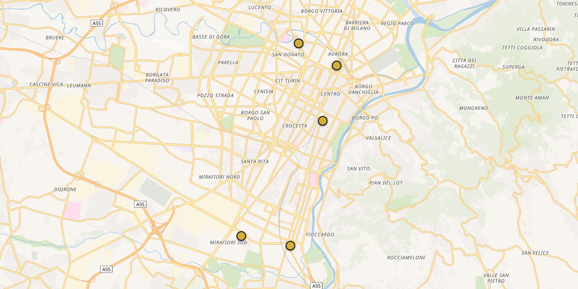 Plan des mosquées à Turin : cliquez sur un point pour voir la fiche