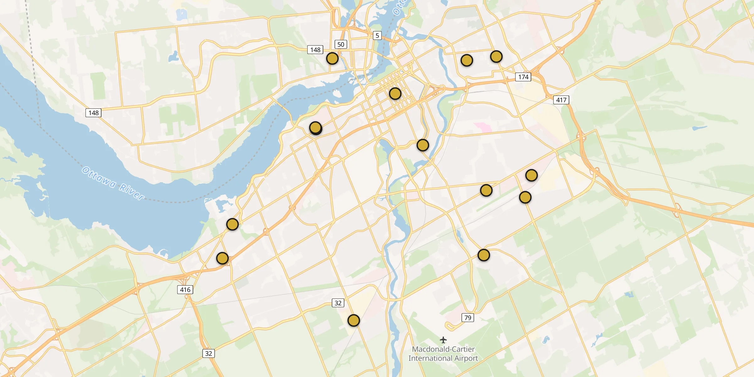 Plan des mosquées à Ottawa : cliquez sur un point pour voir la fiche